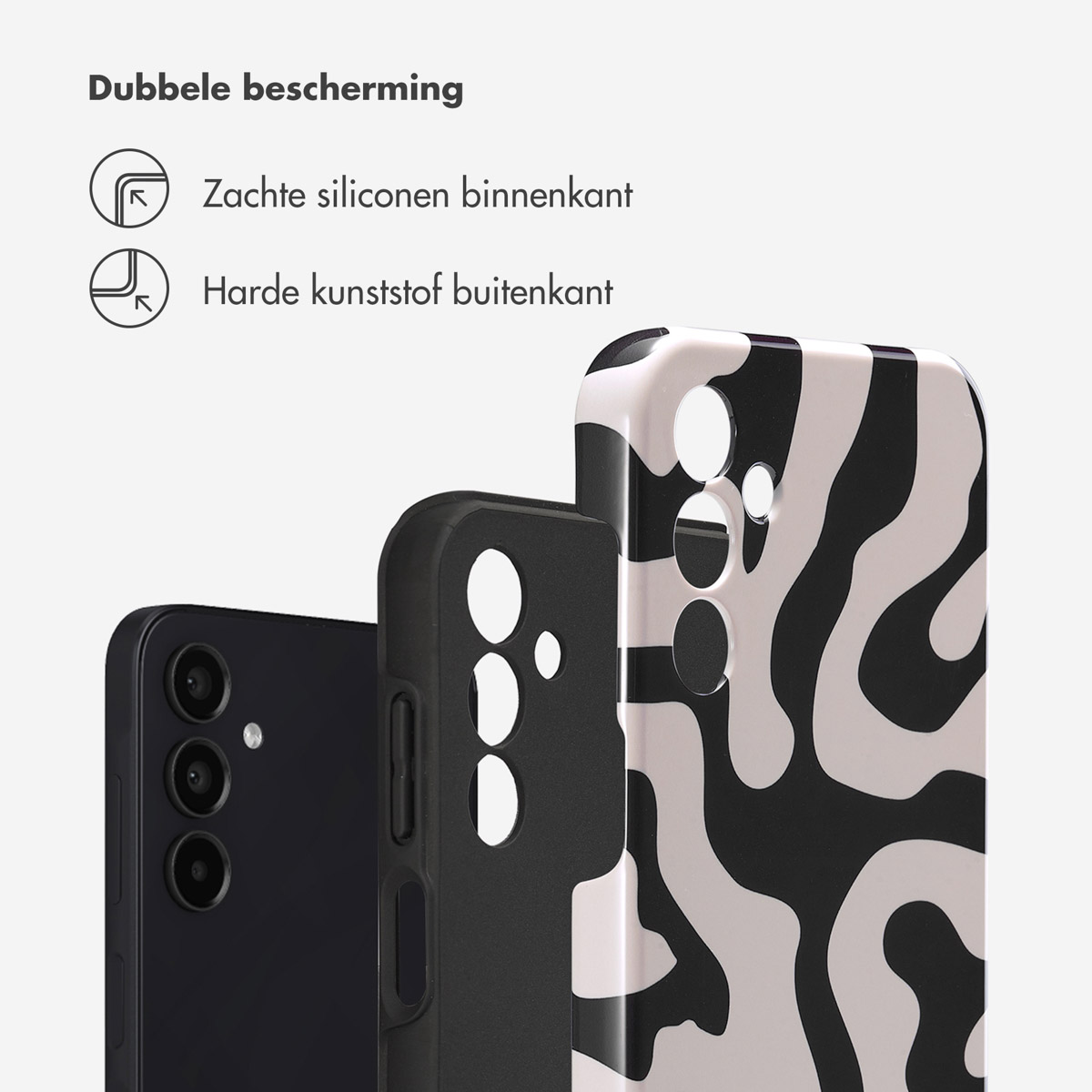 Drie telefoonhoesjes, twee zwart, één met zwart-wit patroon.