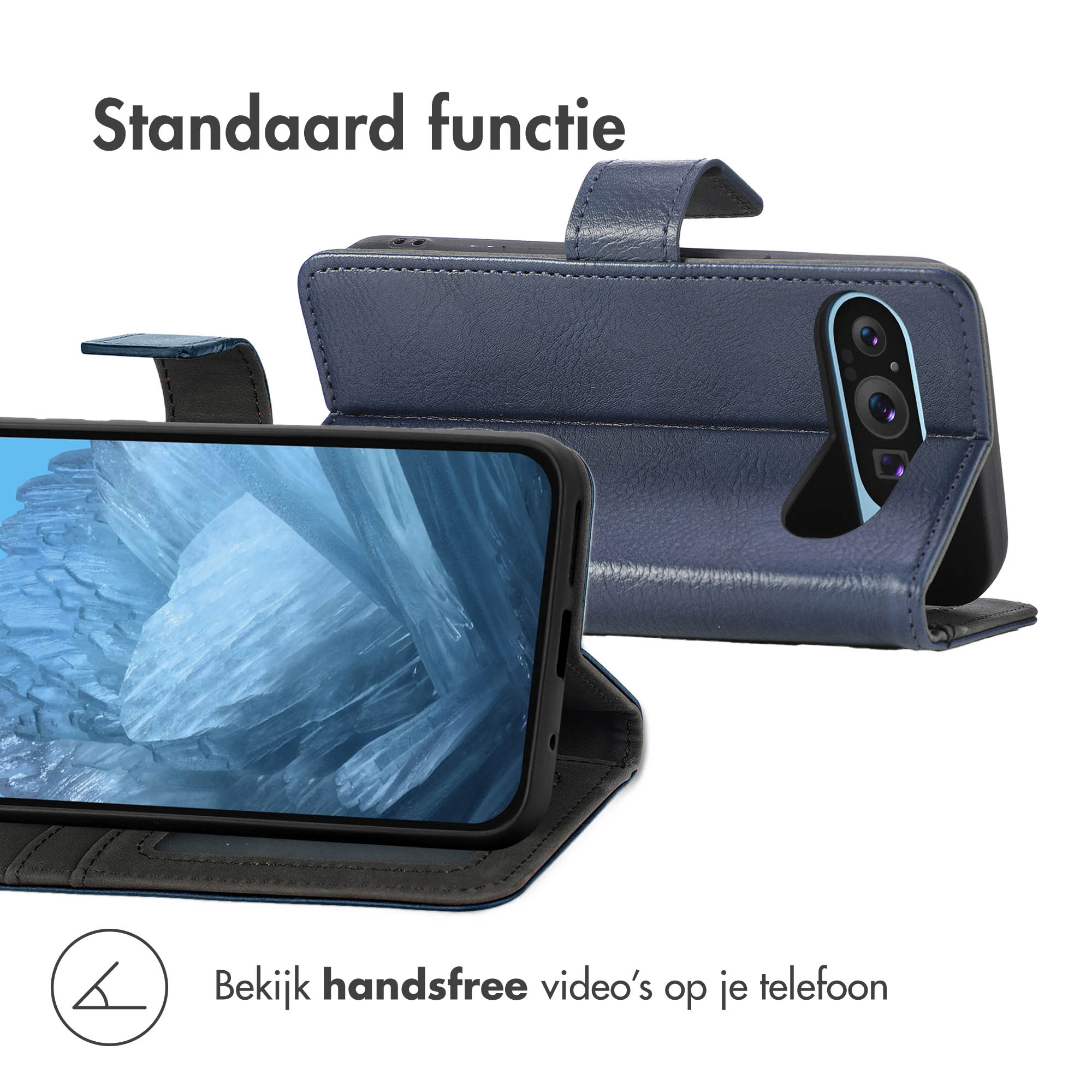 Blauw telefoonhoesje met standaardfunctie en camera. Scherm toont ijs.