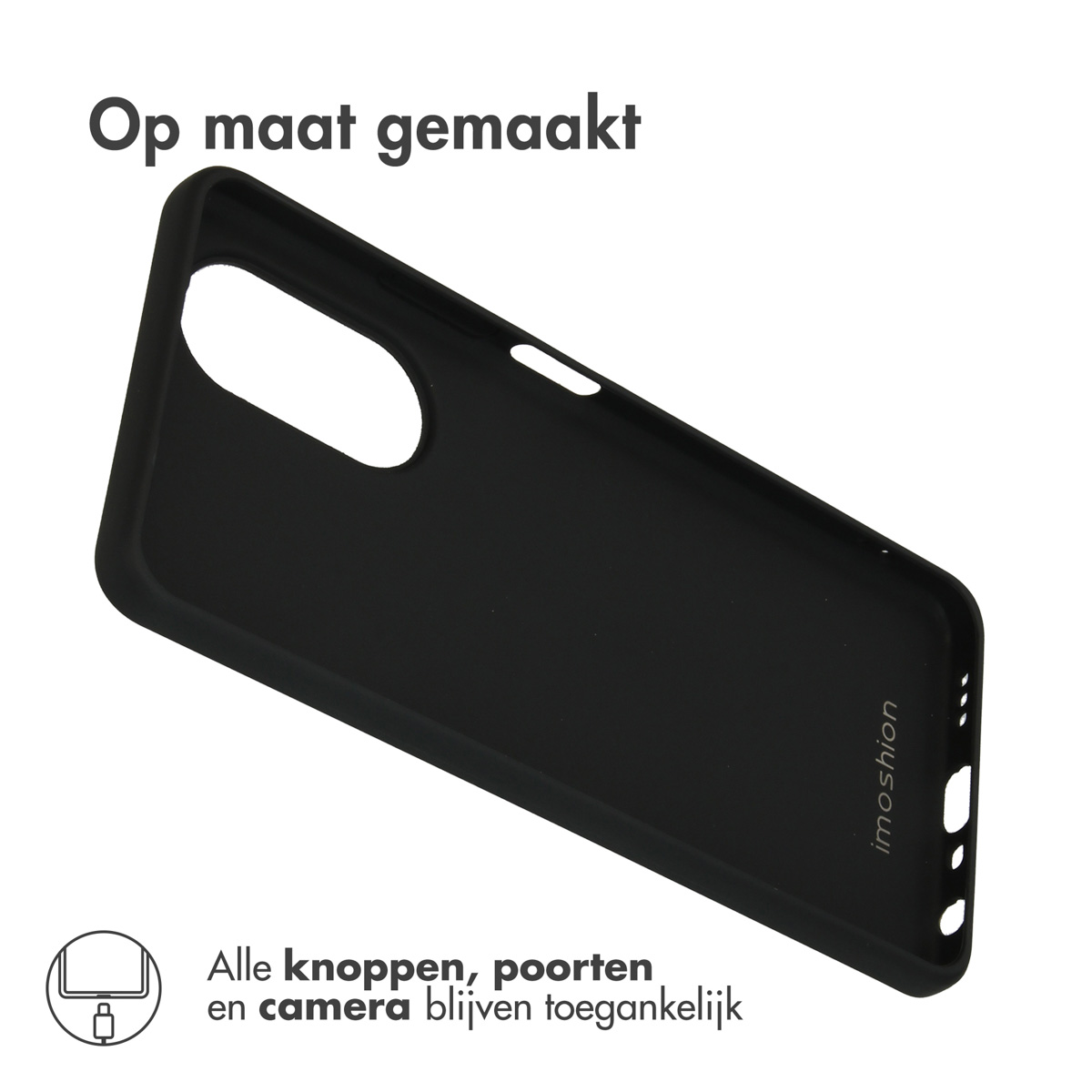 Cover nera per smartphone con ritagli per fotocamera e porte.