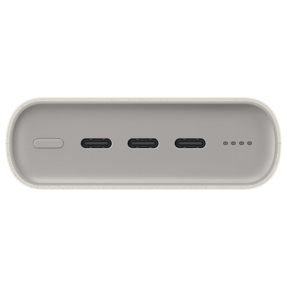 Un power bank grigio con quattro porte USB-C e un pulsante di accensione/spegnimento. Il dispositivo è rettangolare e ha una superficie strutturata.