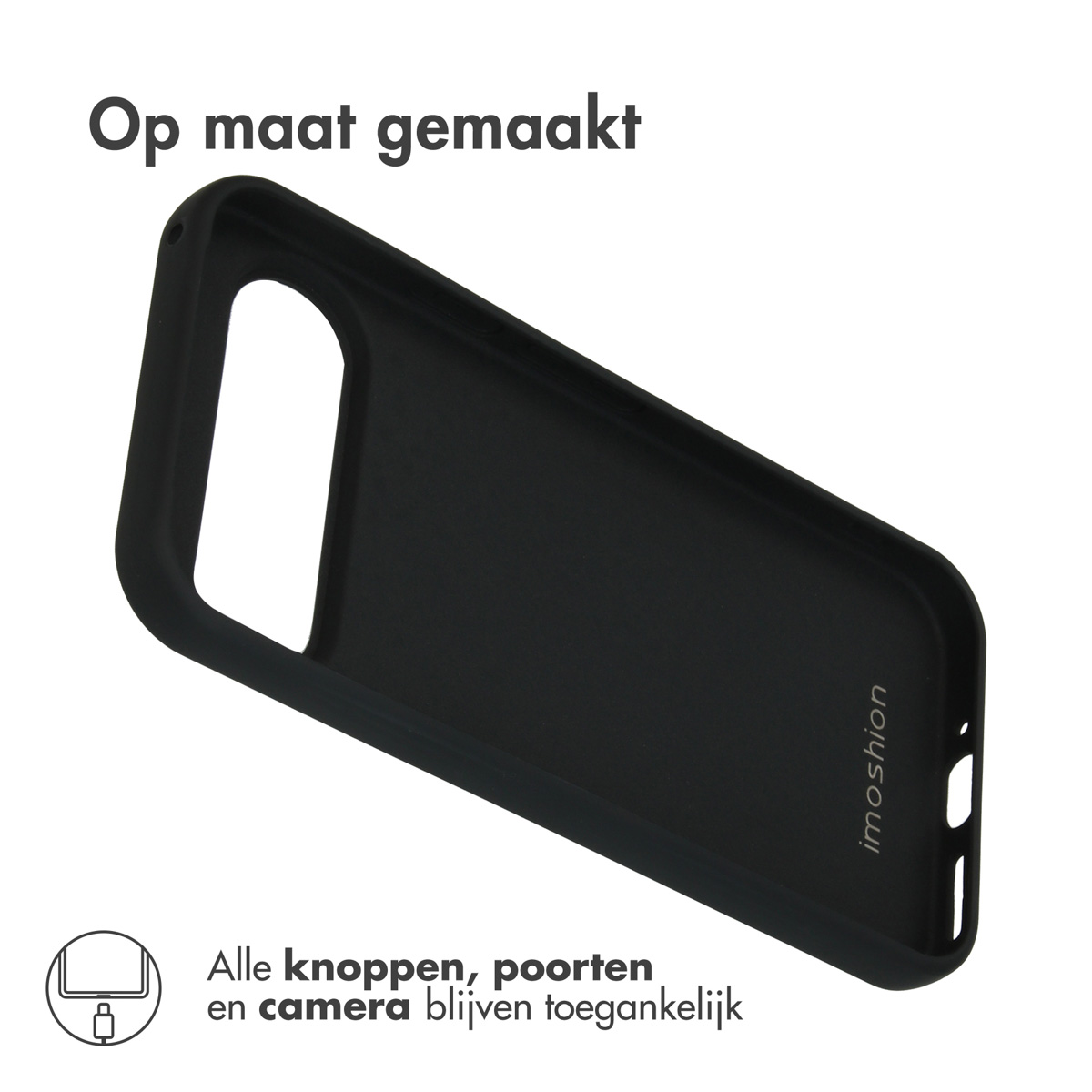 Coque de téléphone noire, fond blanc, prise de vue en angle avec texte : imoshion.