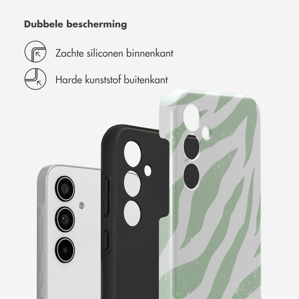 Trois coques de téléphone : une blanche avec appareil photo, une noire, une à motif zèbre vert.