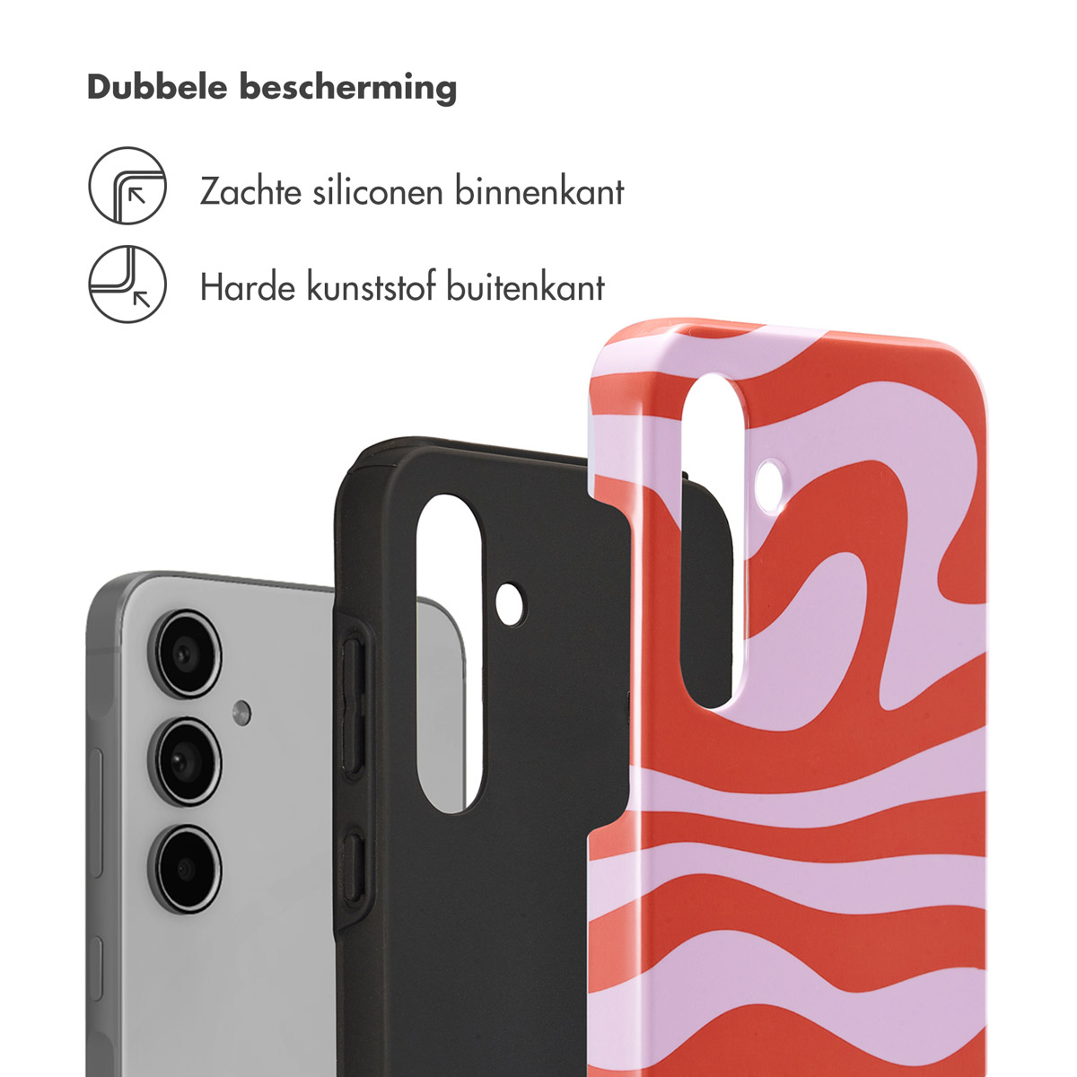 Close-up van drie telefoonhoesjes: doorzichtig, zwart en een met rood en lila draaikolkpatroon.