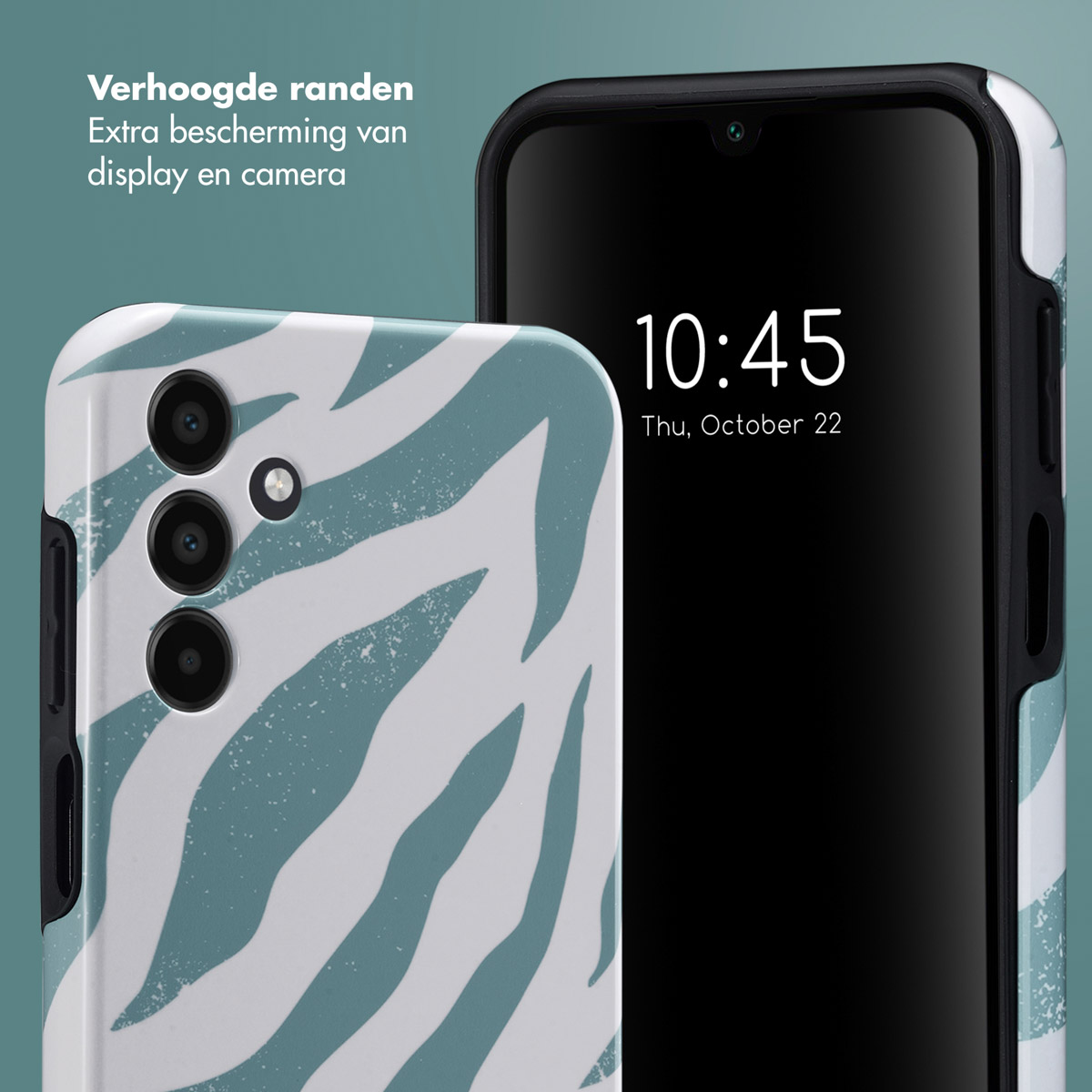 Een telefoon met een zebra-patroon hoesje en een zwart scherm.