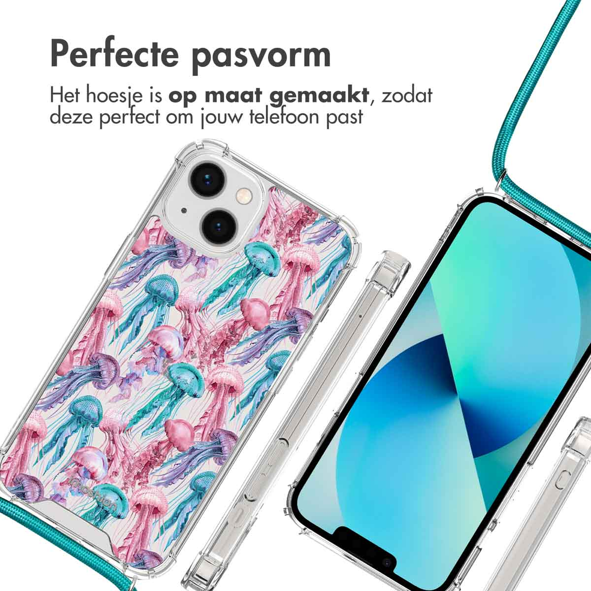 Doorzichtige telefoonhoes met roze en blauwe kwallenprint, naast een telefoon.