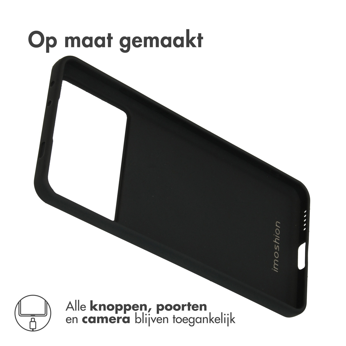 Zwarte telefoonhoes met uitsparingen voor knoppen, poorten en camera.