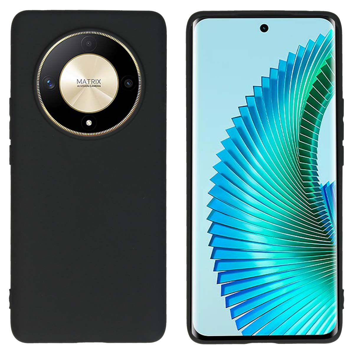 Coque noire avec appareil photo. À droite, un téléphone avec motif bleu et blanc.