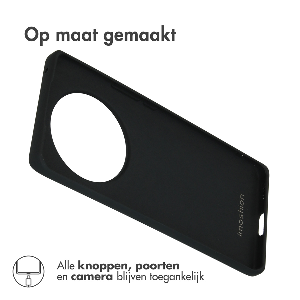 Coque de téléphone noire avec trou pour caméra ouvert et nom de la marque, isolé.