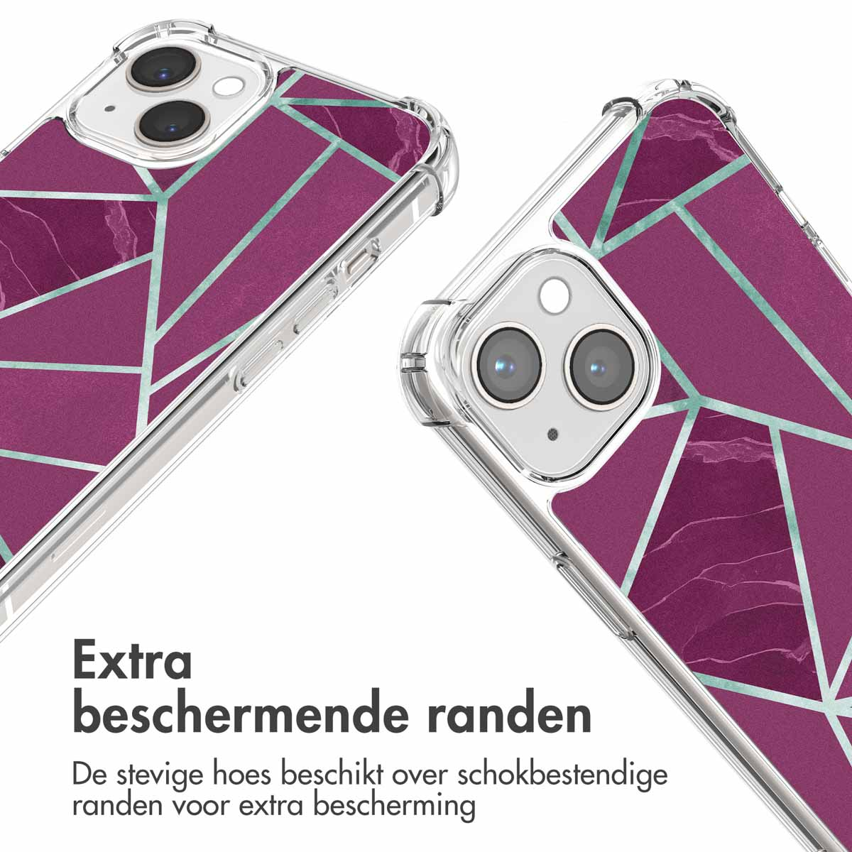 Doorzichtige telefoonhoes met paars marmerpatroon en geometrische lijnen.