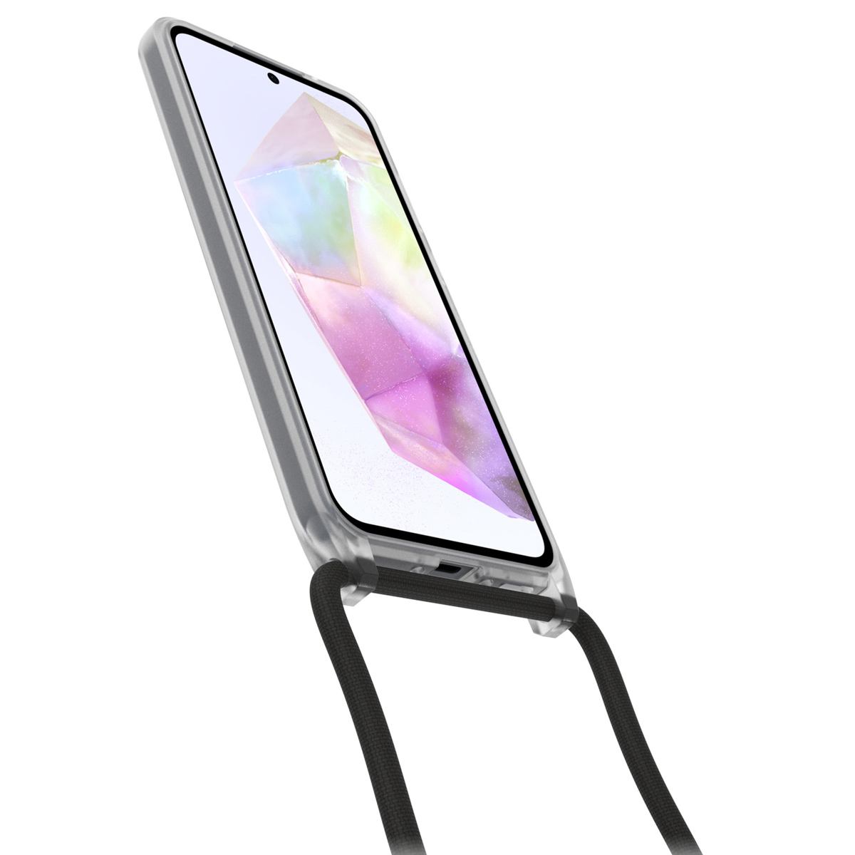 Uno smartphone con custodia trasparente e cordino nero, inclinato verso l'alto e a destra.