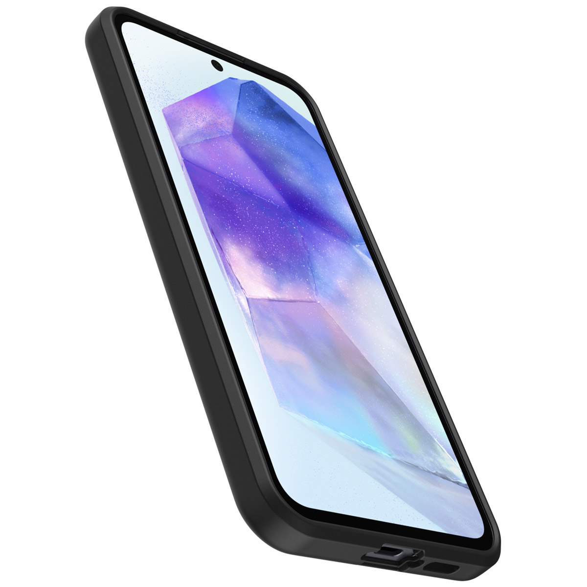 Un smartphone dans une coque noire avec un fond d'écran cristal bleu et violet sur l'écran.
