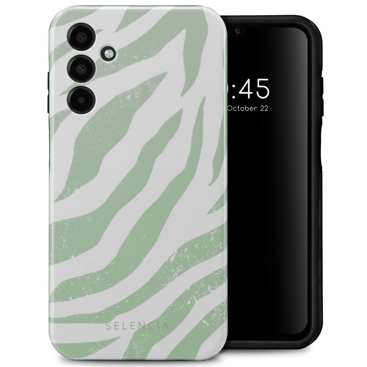 Telefoon met een zebraprint hoesje, die een klok op het scherm toont. De achtergrond is wit.