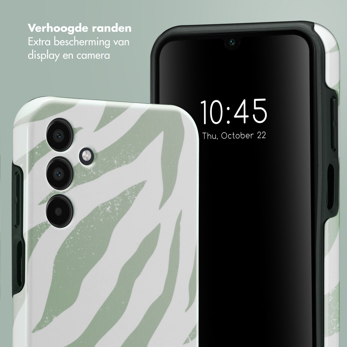 Telefoonhoesje met zebraprint, naast een telefoon die de tijd weergeeft. Tekst: extra bescherming voor scherm en camera.