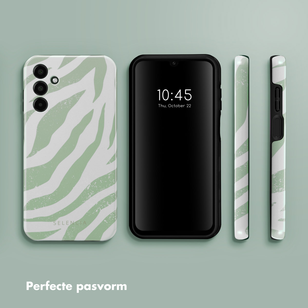 Telefoon met een groen-witte zebraprint hoes, zwart scherm met tijd en twee zijaanzichten.
