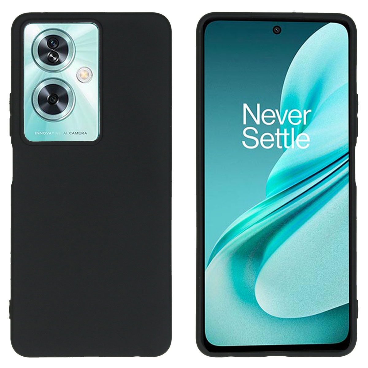 Zwarte telefoon in een zwarte hoes, met het scherm aan en de achterkant van de telefoon.