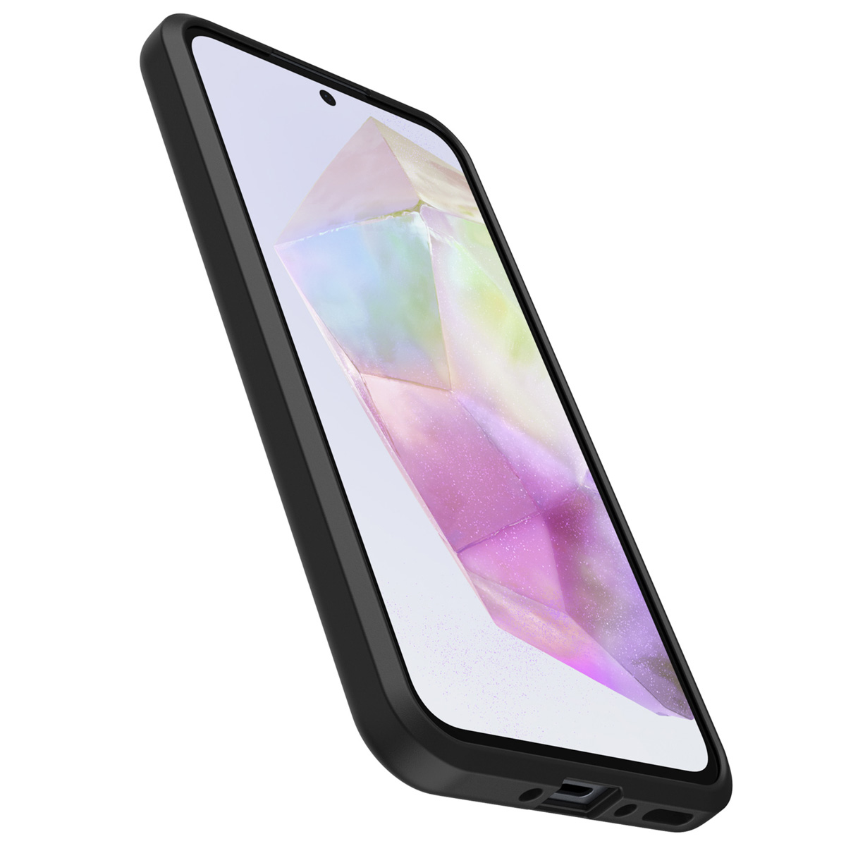 Zwarte telefoonhoes met een telefoon erin. De telefoon heeft een kleurrijke achtergrond. Schuine opname.