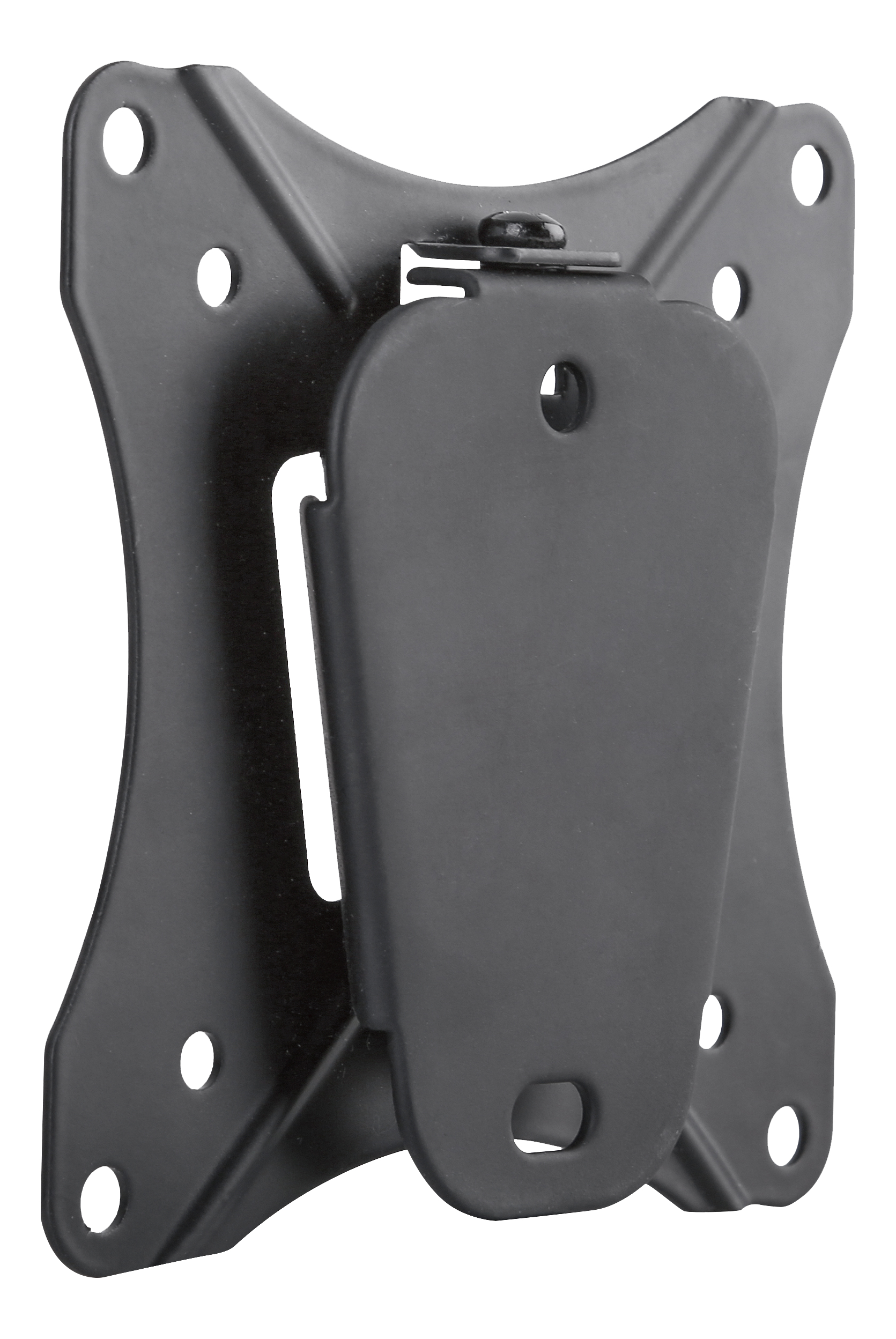 A black metal TV mount with multiple mounting holes.