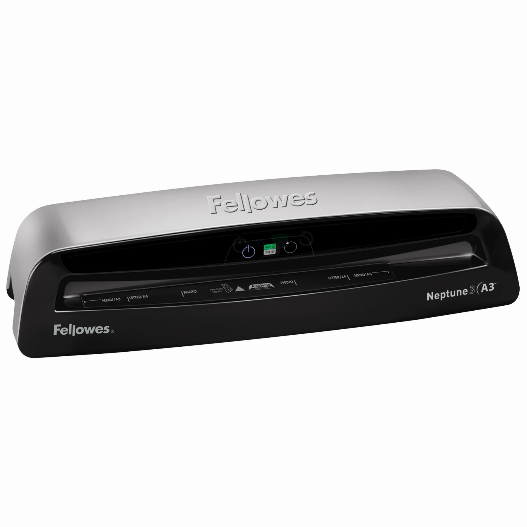 Ein schwarzes und silbernes Fellowes Neptune A3 Laminiergerät. Es hat Tasten und Beschriftungen.