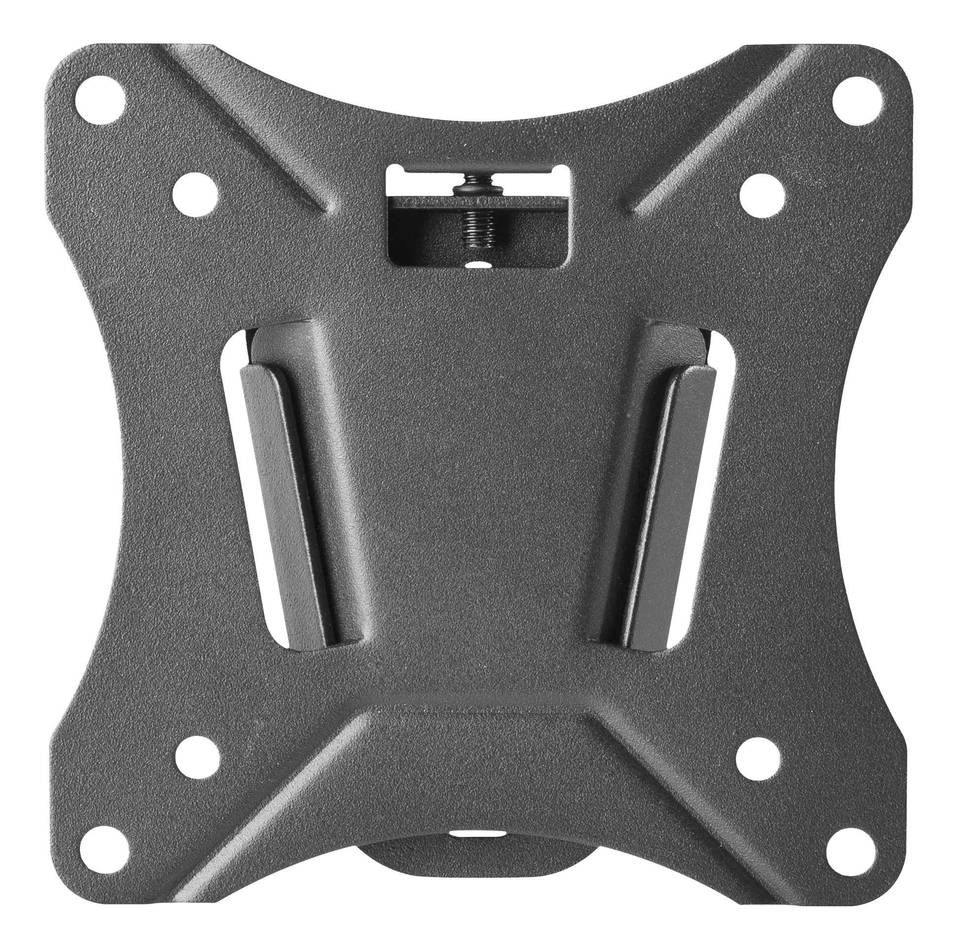 A black metal TV mount, square, with mounting holes and brackets.