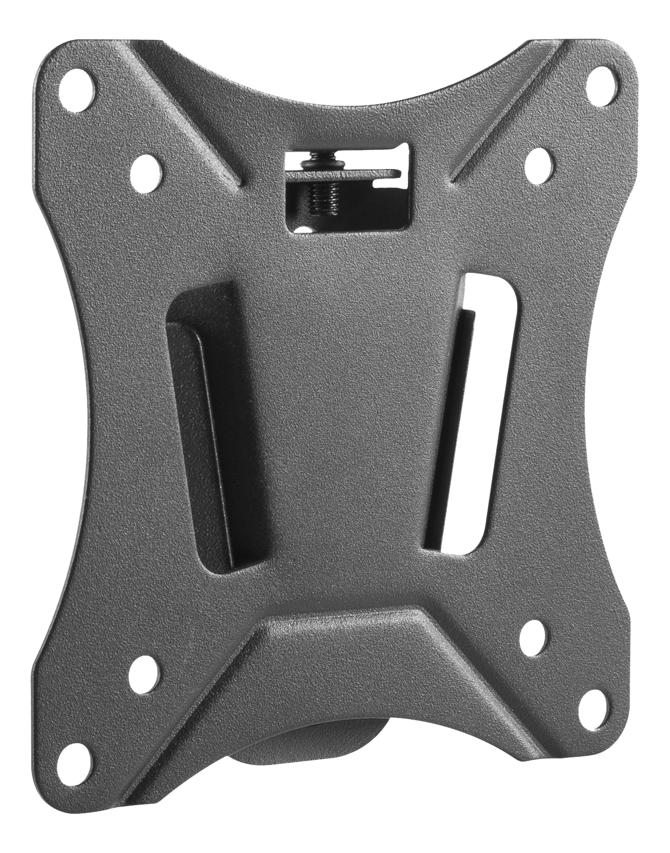 Black metal bracket with screw, multiple holes, and a rectangular cutout in the center.