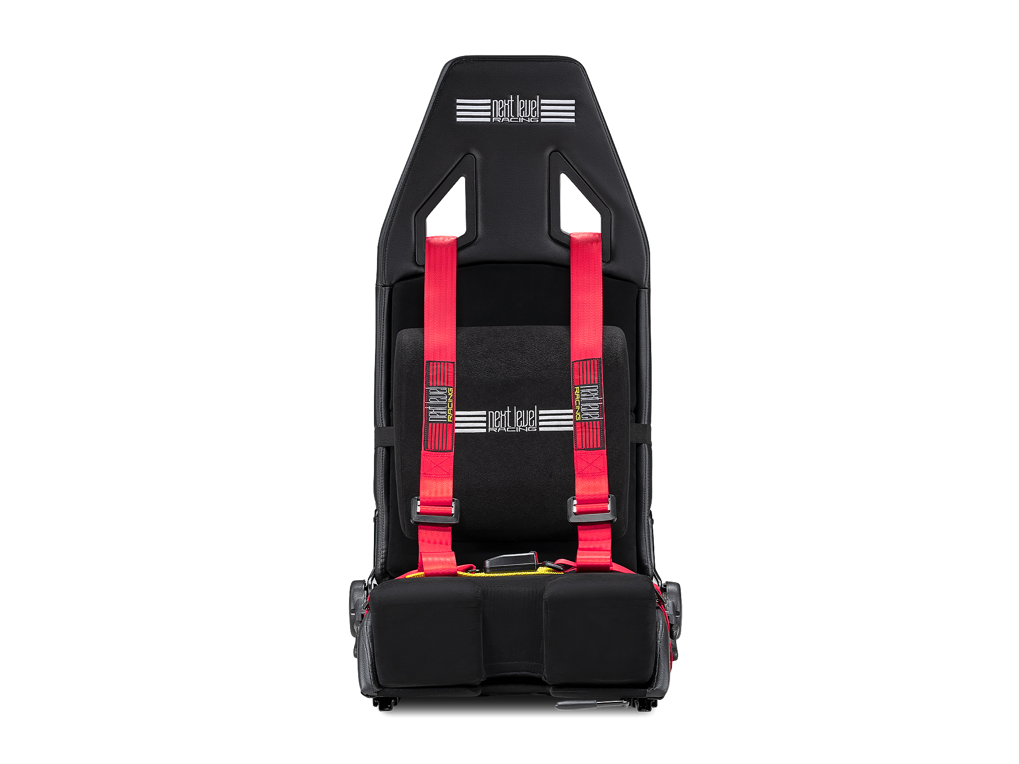 Asiento de carreras negro con correas rojas y logotipo.