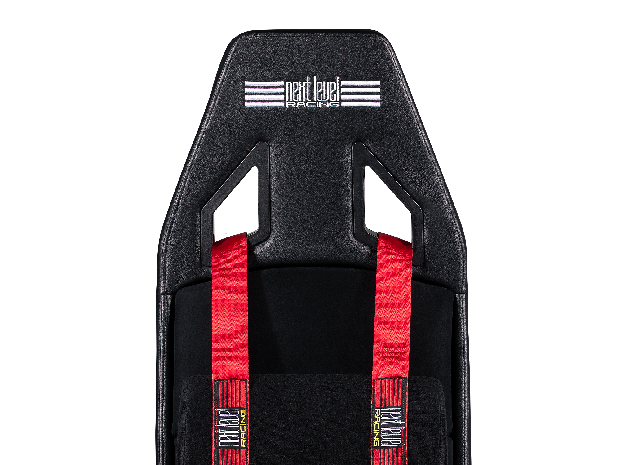 Reposacabezas de asiento de carreras negro con correas rojas y logotipo.