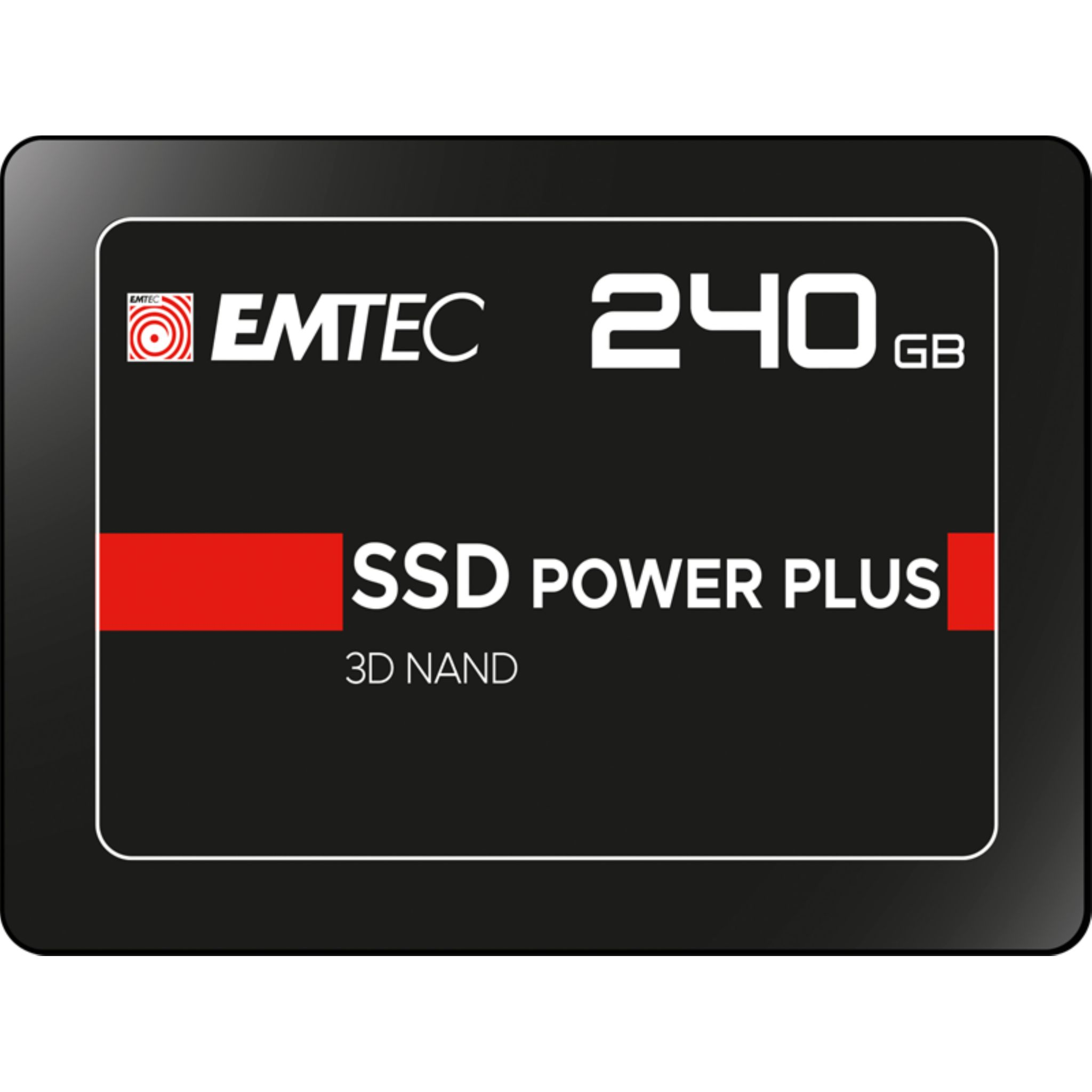 Een zwarte SSD-schijf met witte tekst: "EMTEC 240 GB SSD POWER PLUS 3D NAND". Zwarte achtergrond.