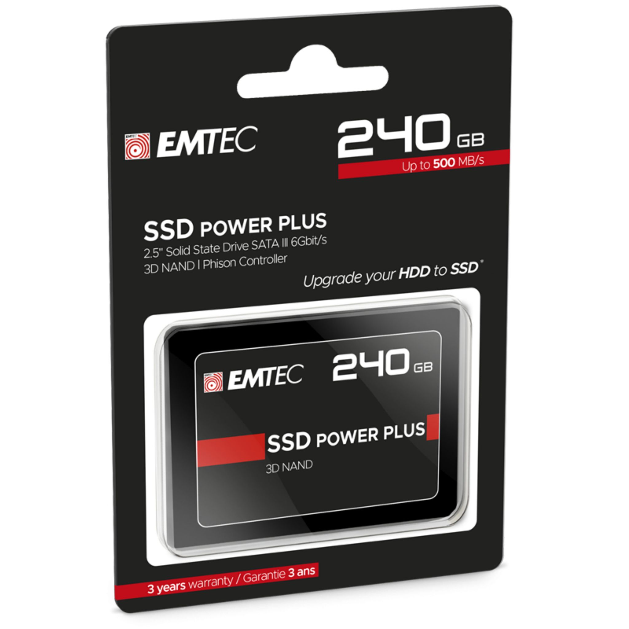 Een zwart-rode SSD Power Plus-schijf in een verpakking met tekst.