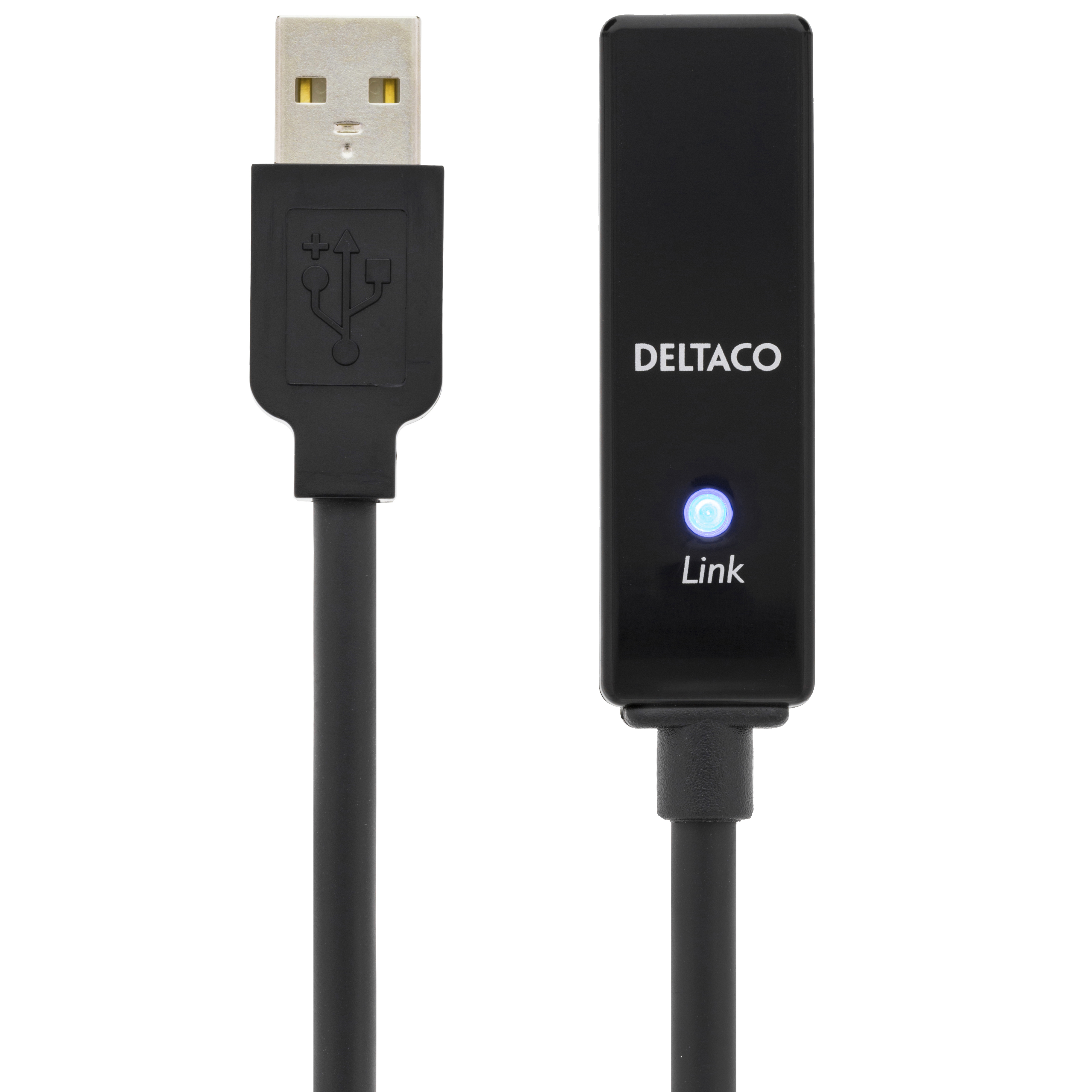 Cavo USB nero con connettore USB da un lato e DELTACO Link dall'altro.