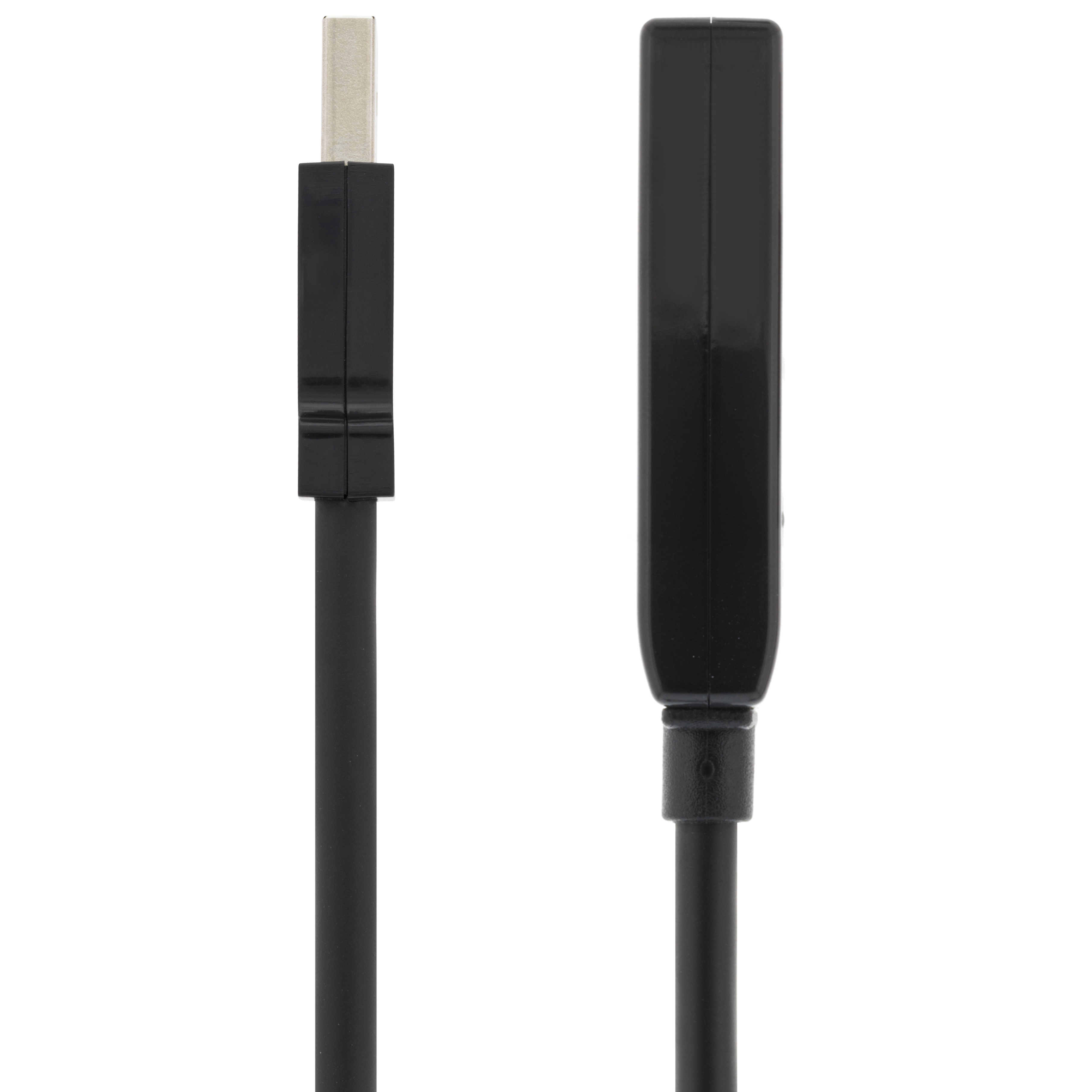 Cavo USB nero con connettore USB-C. Sfondo bianco.