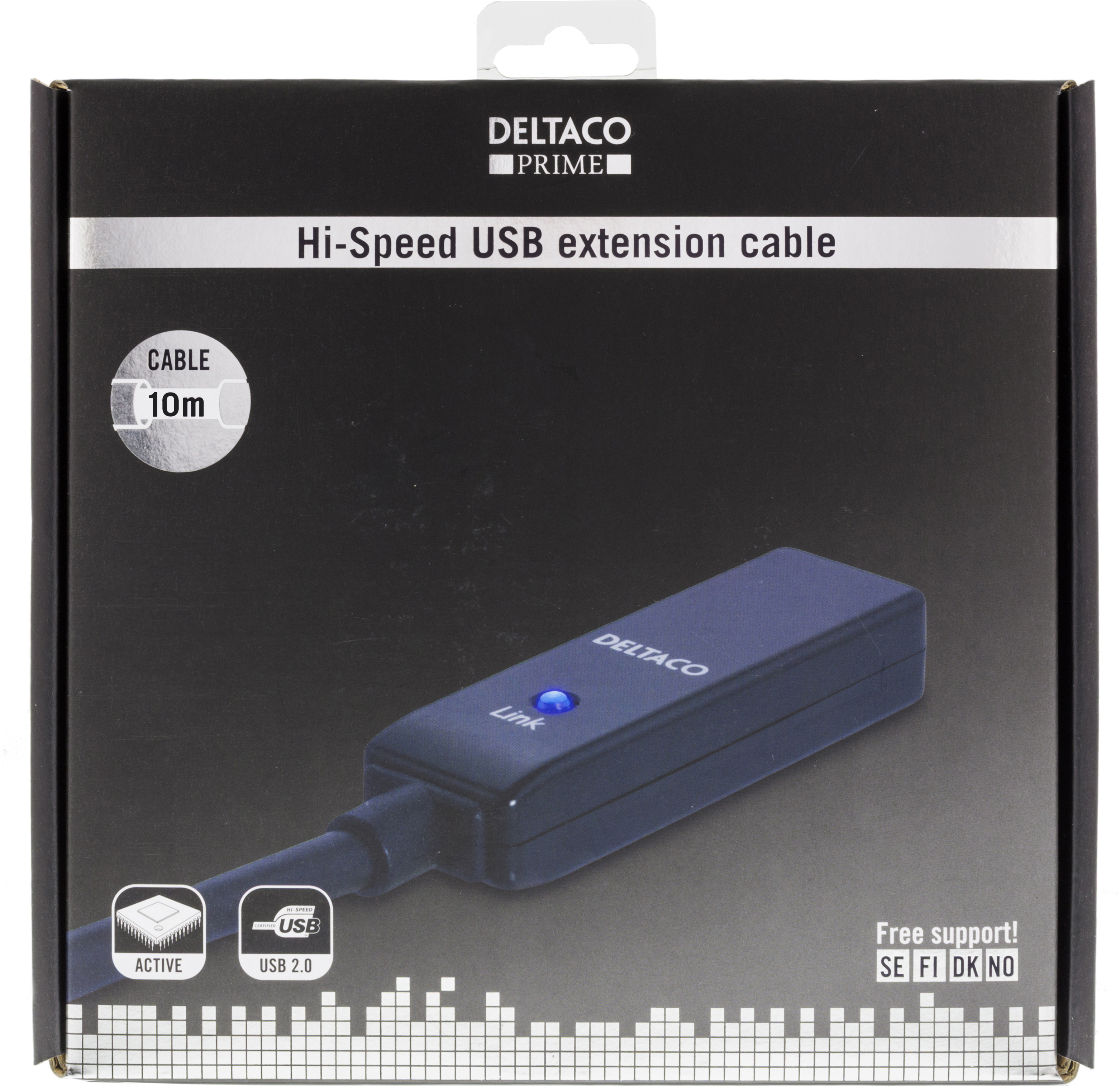 Cavo nero con connettore USB e connettore nero. Il cavo è in una scatola.
