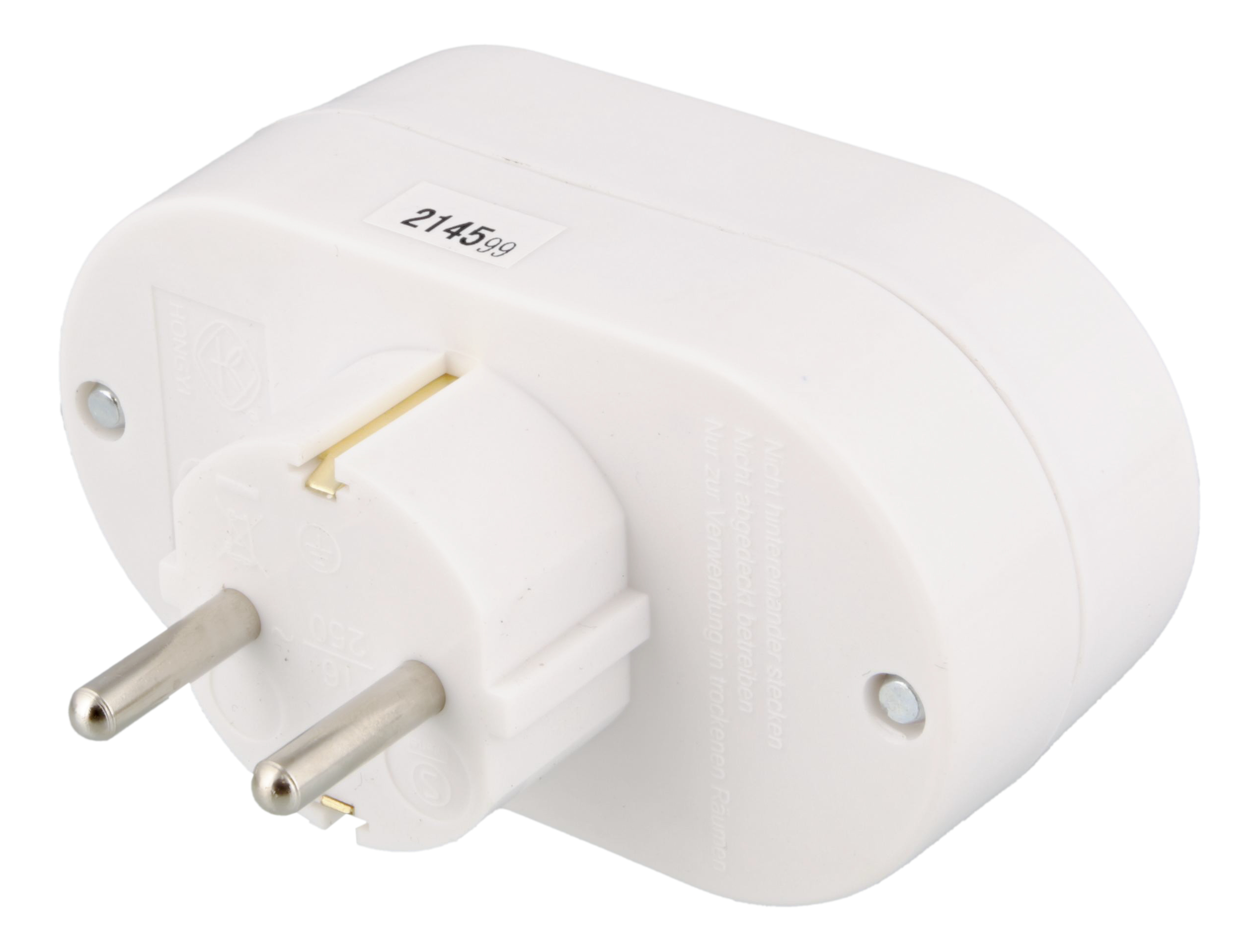 Een witte stekkeradapter met pinnen en een label.