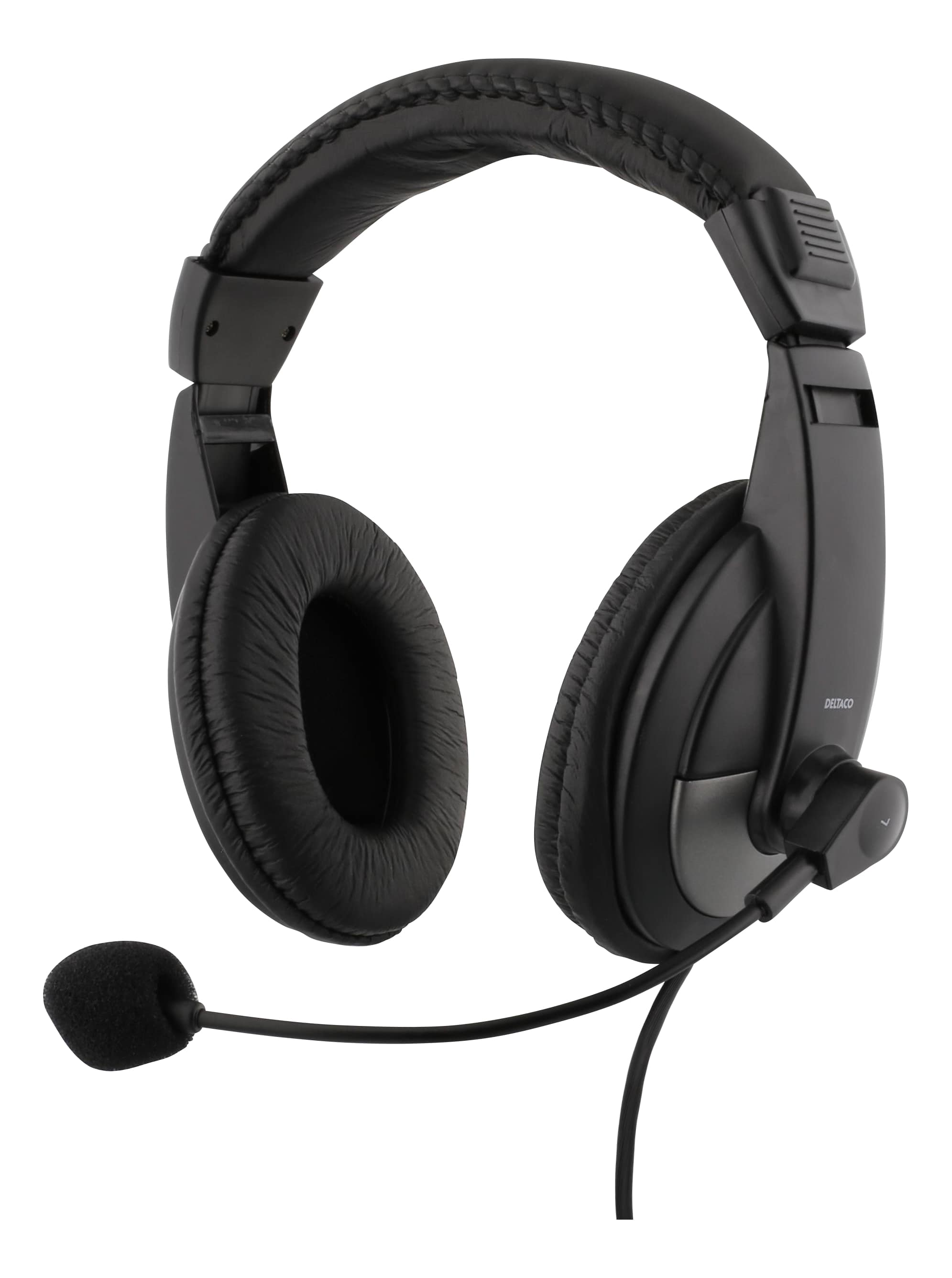 Zwarte headset met een microfoon en oorschelpen. Witte achtergrond.