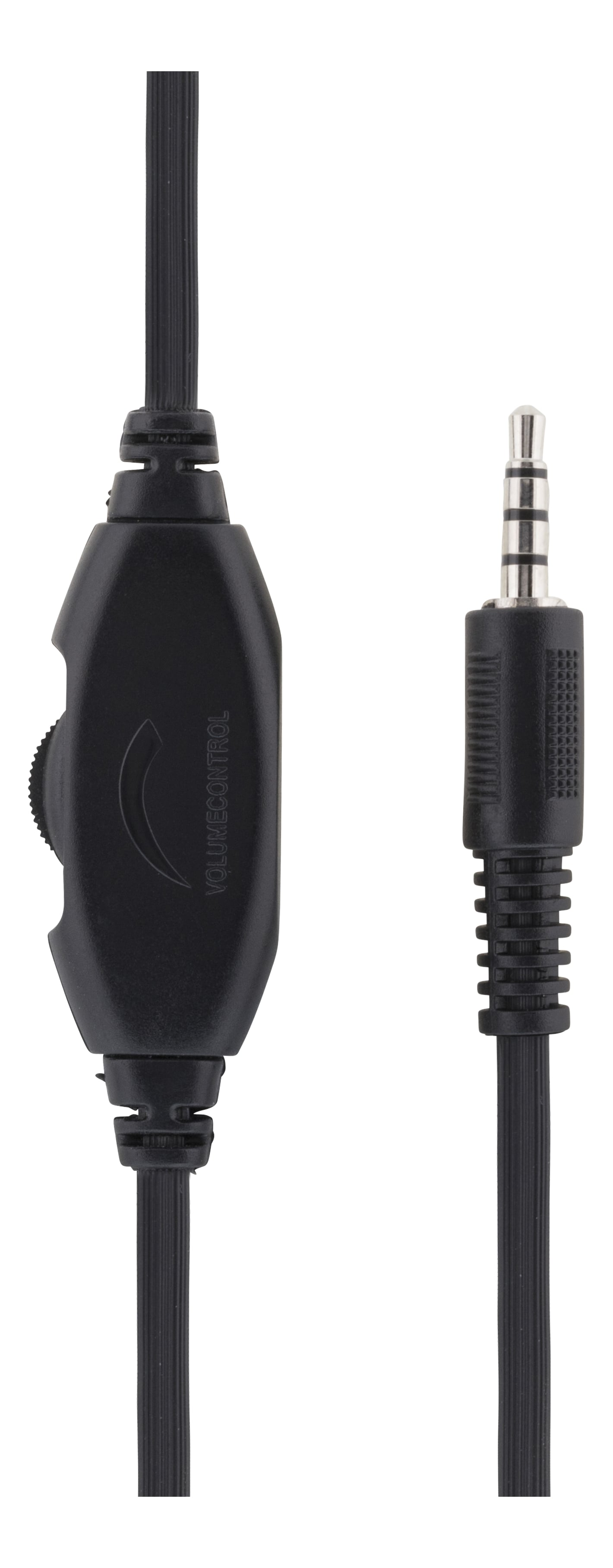 Een zwarte audiokabel met volumeregeling en een 3,5 mm-aansluiting.