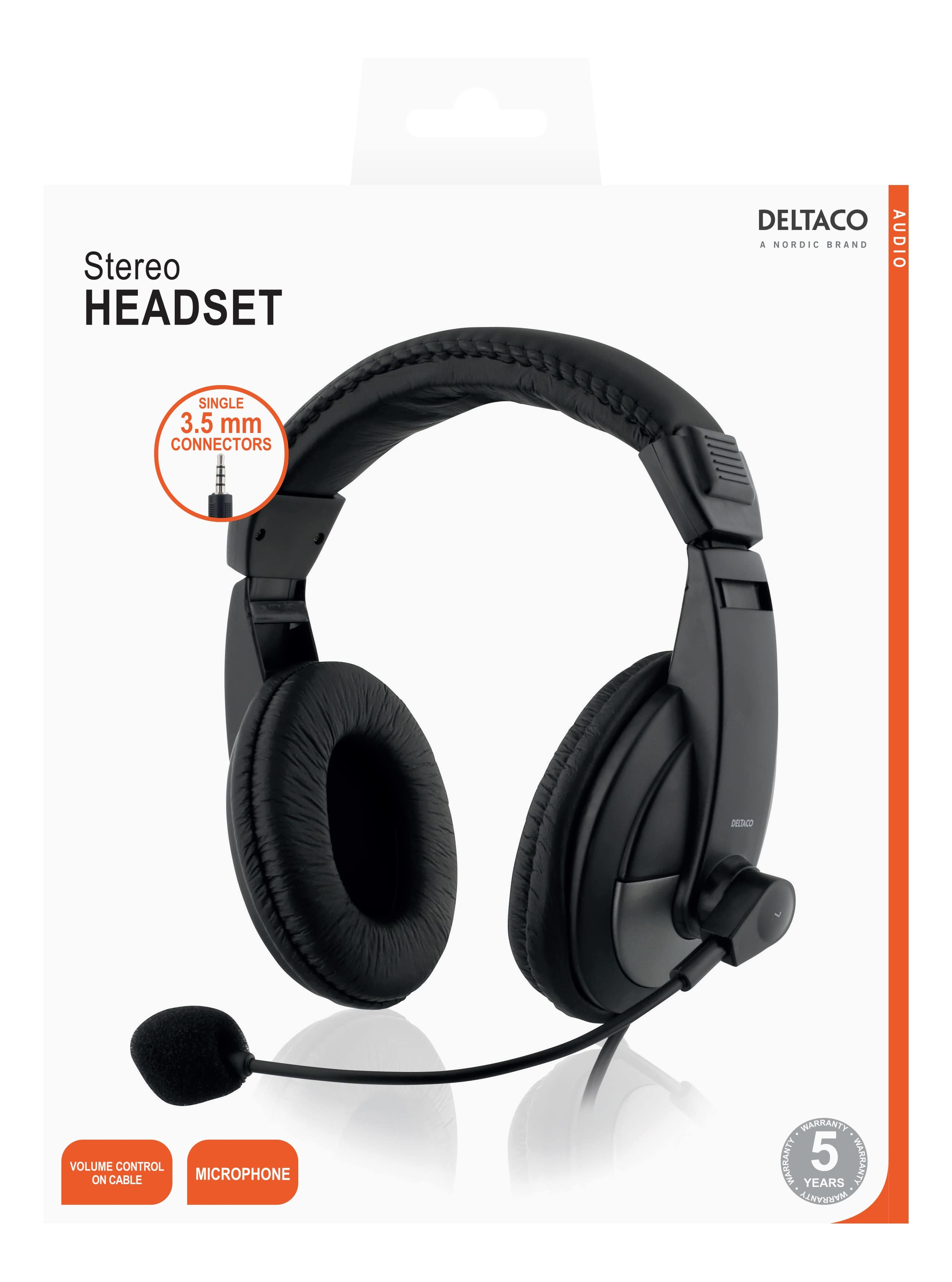 Zwarte stereo headset in een witte doos. De doos heeft de tekst: Stereo Headset. Het toont ook een enkele 3,5 mm connector.