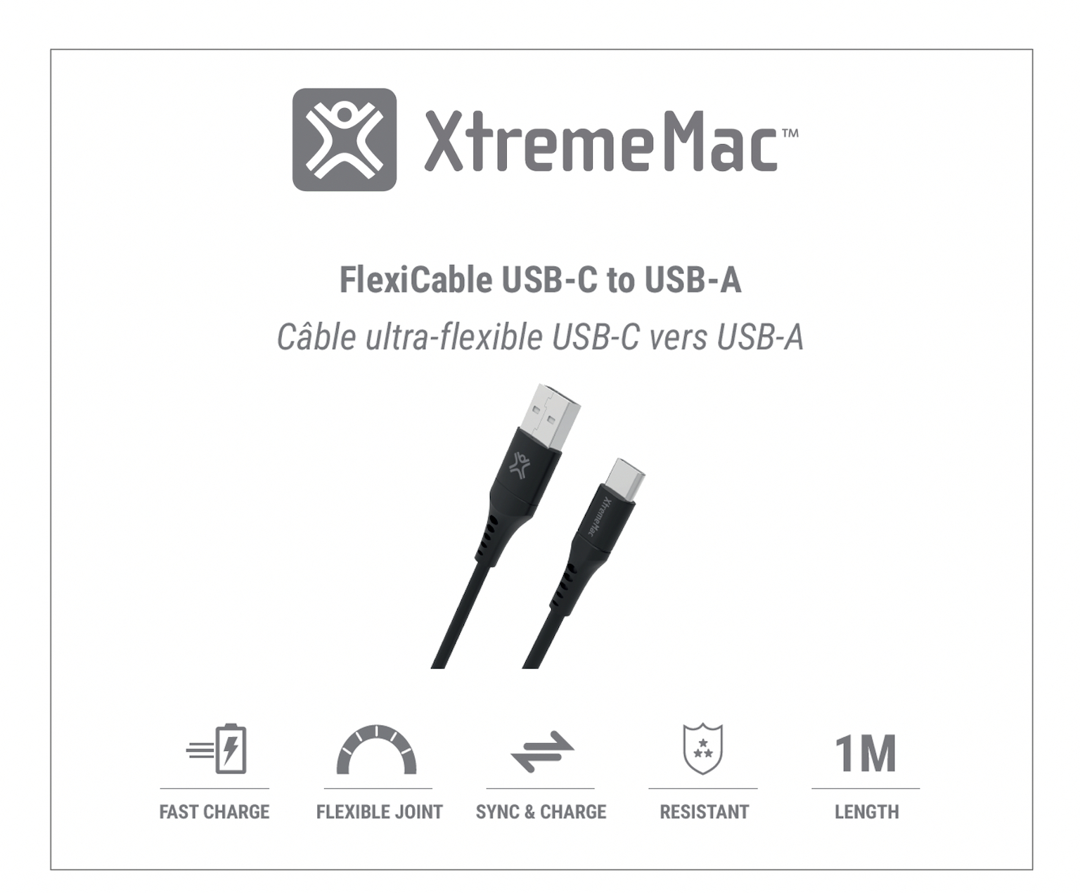 Een witte achtergrond met een zwarte USB-C naar USB-A-kabel, met tekst en pictogrammen.