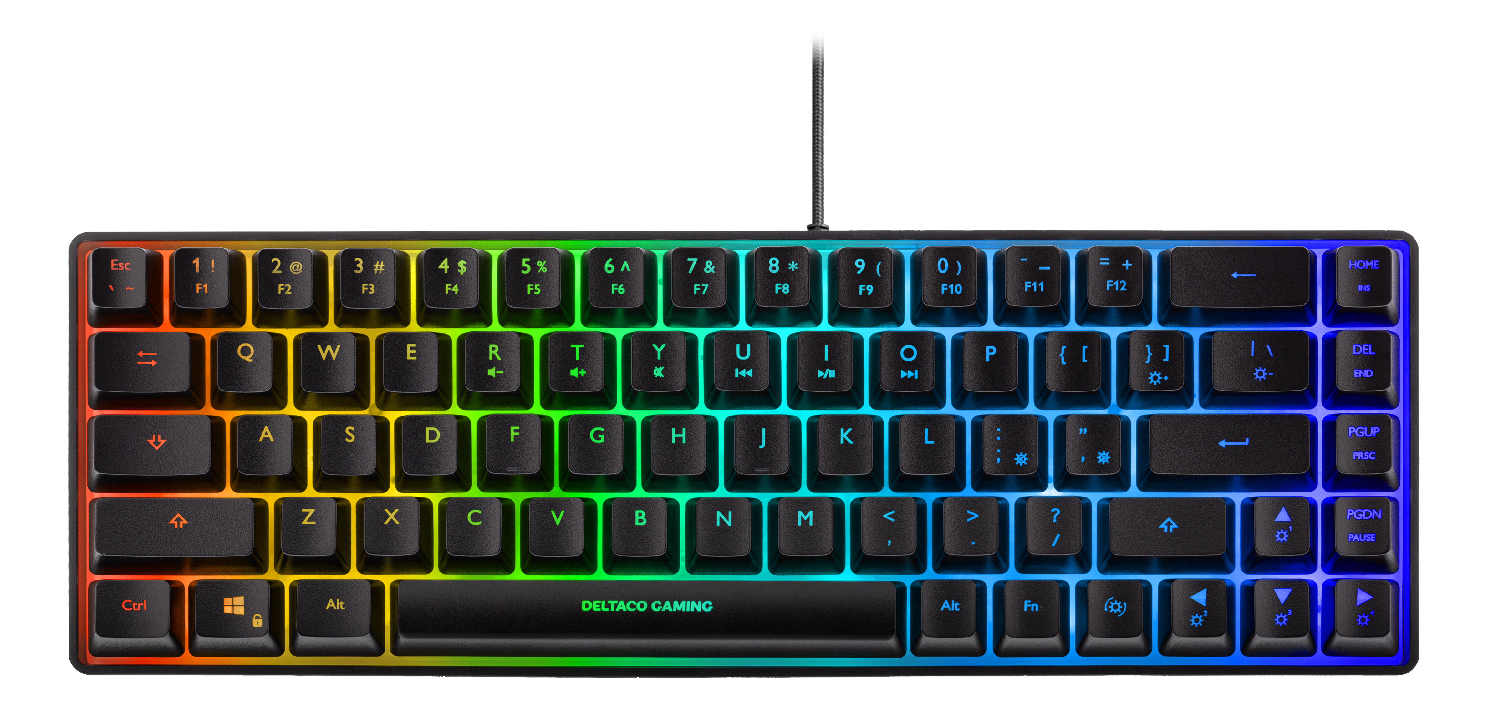 Black gaming keyboard with RGB lighting. Keys are visible, and the keyboard is centered.