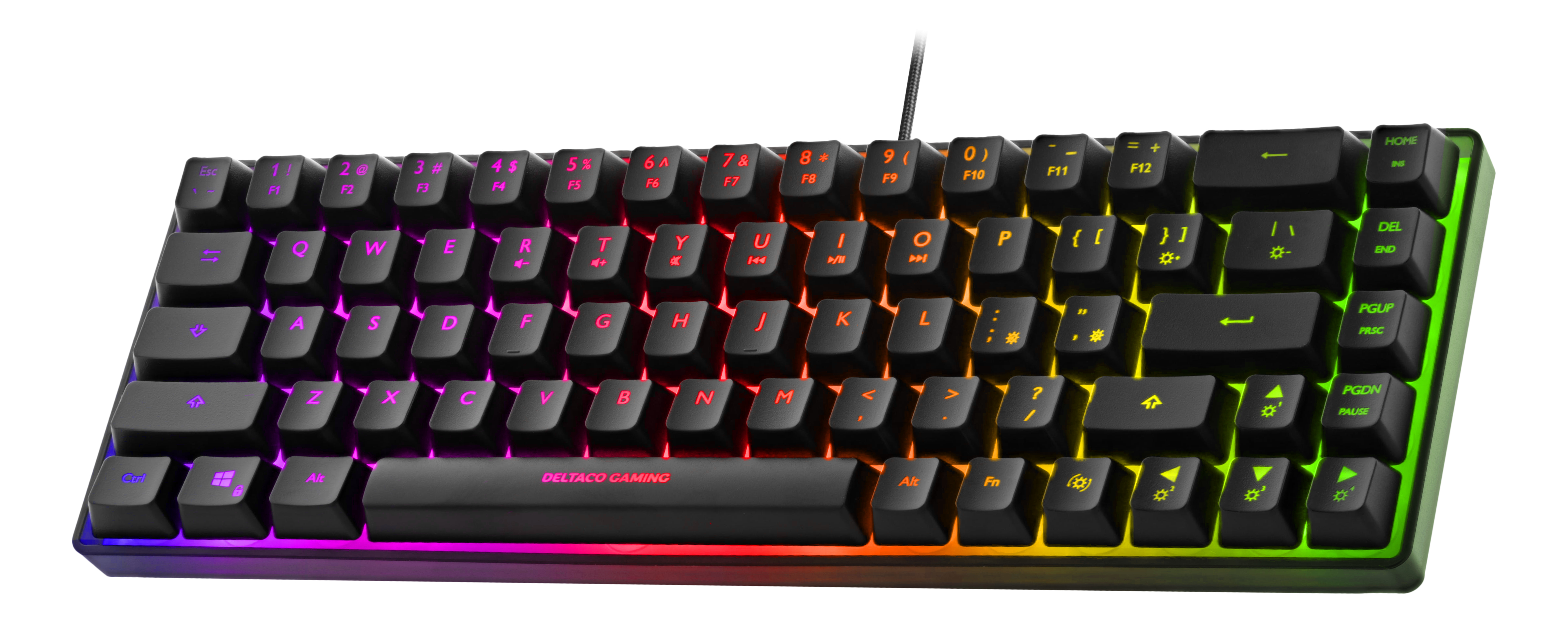 Black gaming keyboard with RGB lighting. Keys are black with various colors. DELTACO GAMING logo.
