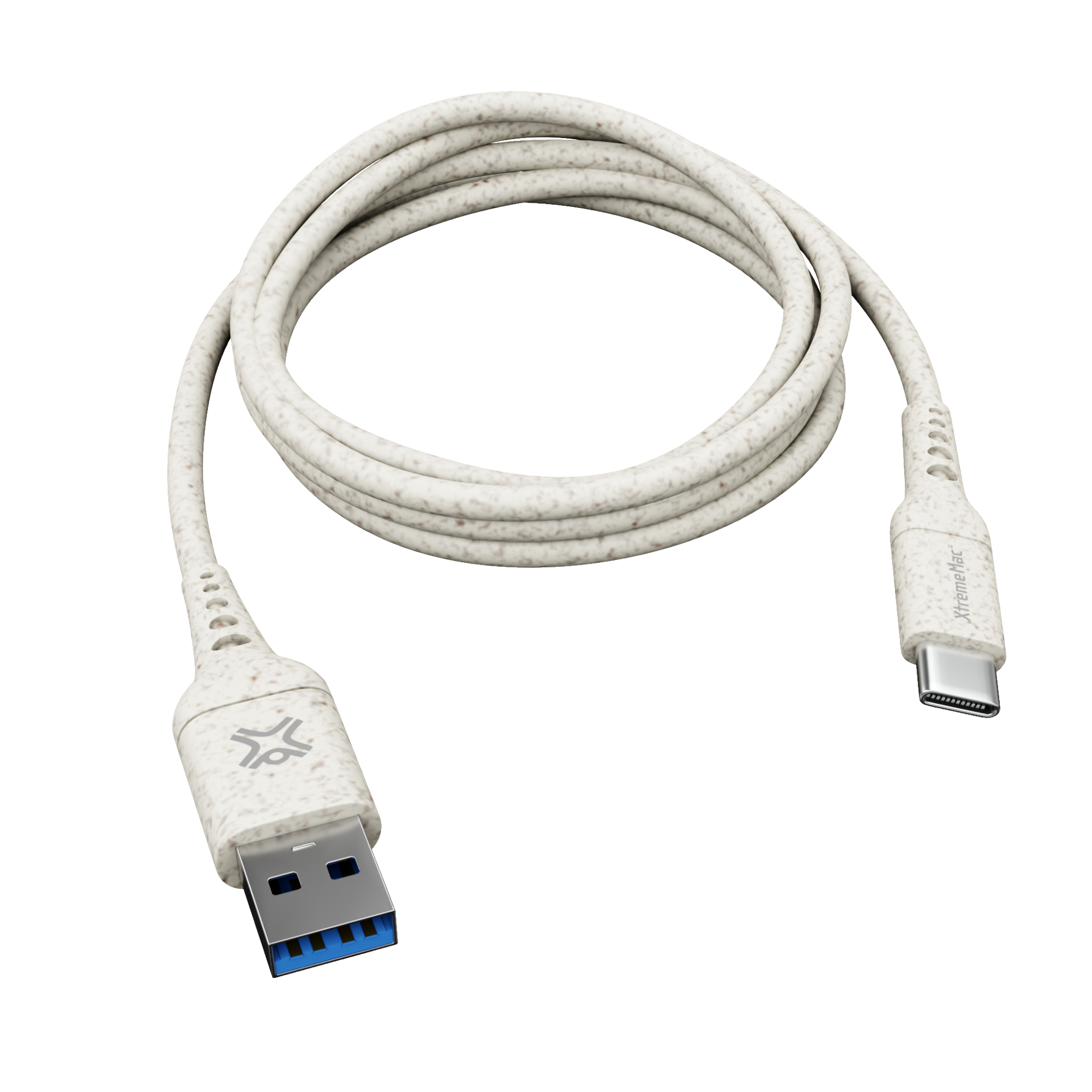 Witte en beige USB naar USB-C kabel, opgerold. De achtergrond is wit.