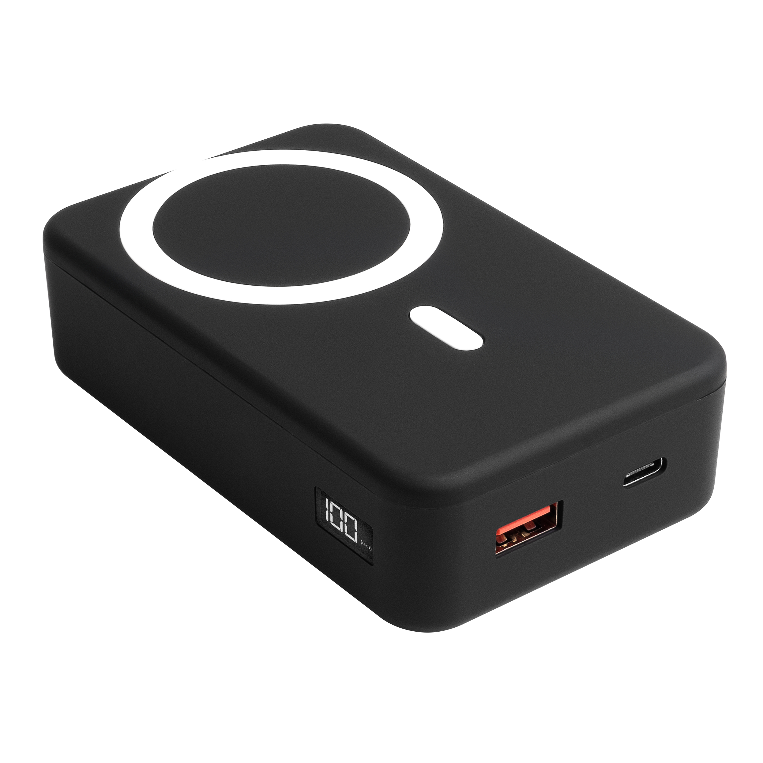 Eine schwarze Powerbank mit Ladeanzeige und USB-Anschluss.