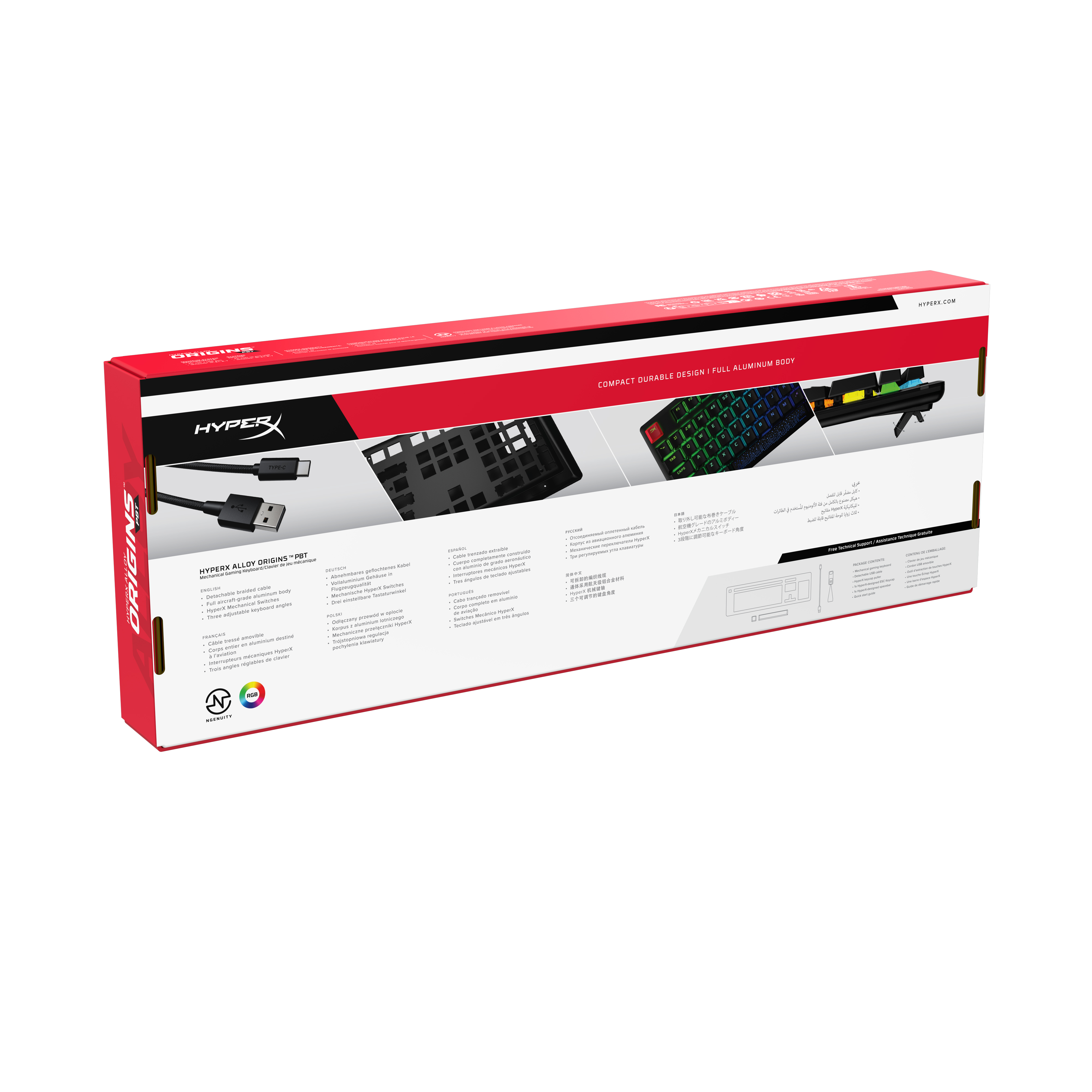 Scatola della tastiera con immagine della tastiera, dettagli del prodotto e logo HyperX.