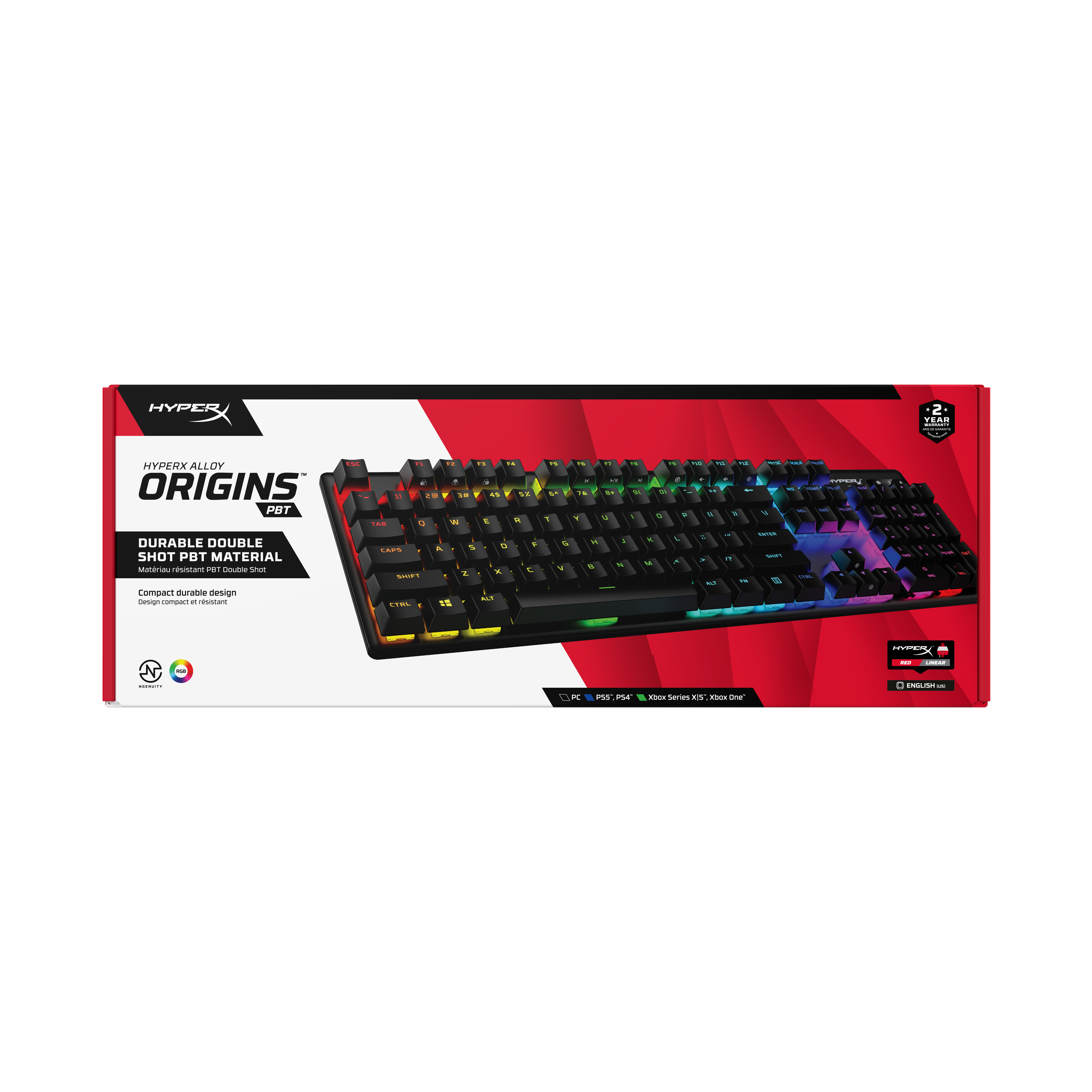 Una tastiera nera con illuminazione RGB. È su una scatola con testo e loghi.
