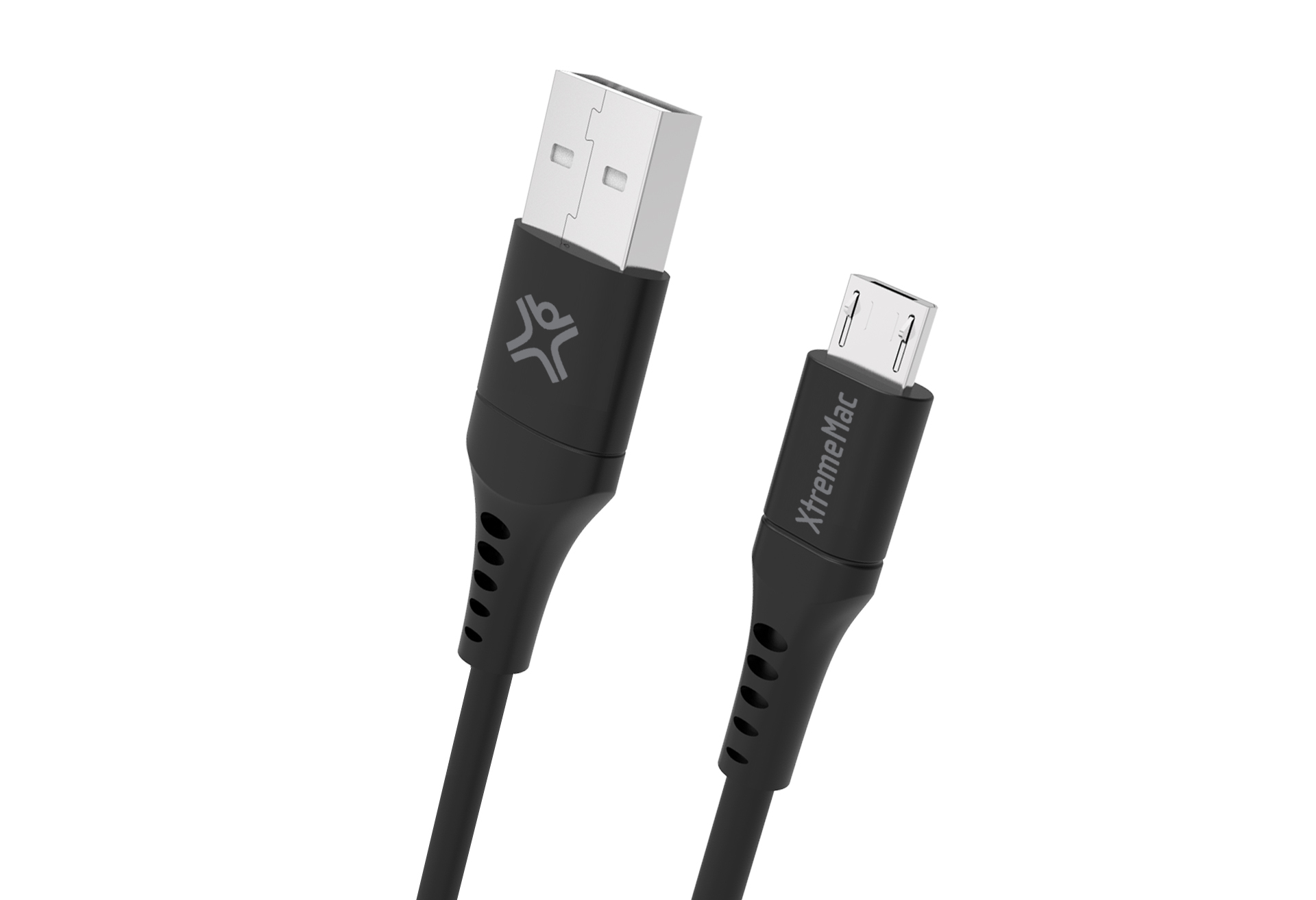 Zwarte USB naar Micro USB kabel met XtremeMac logo.