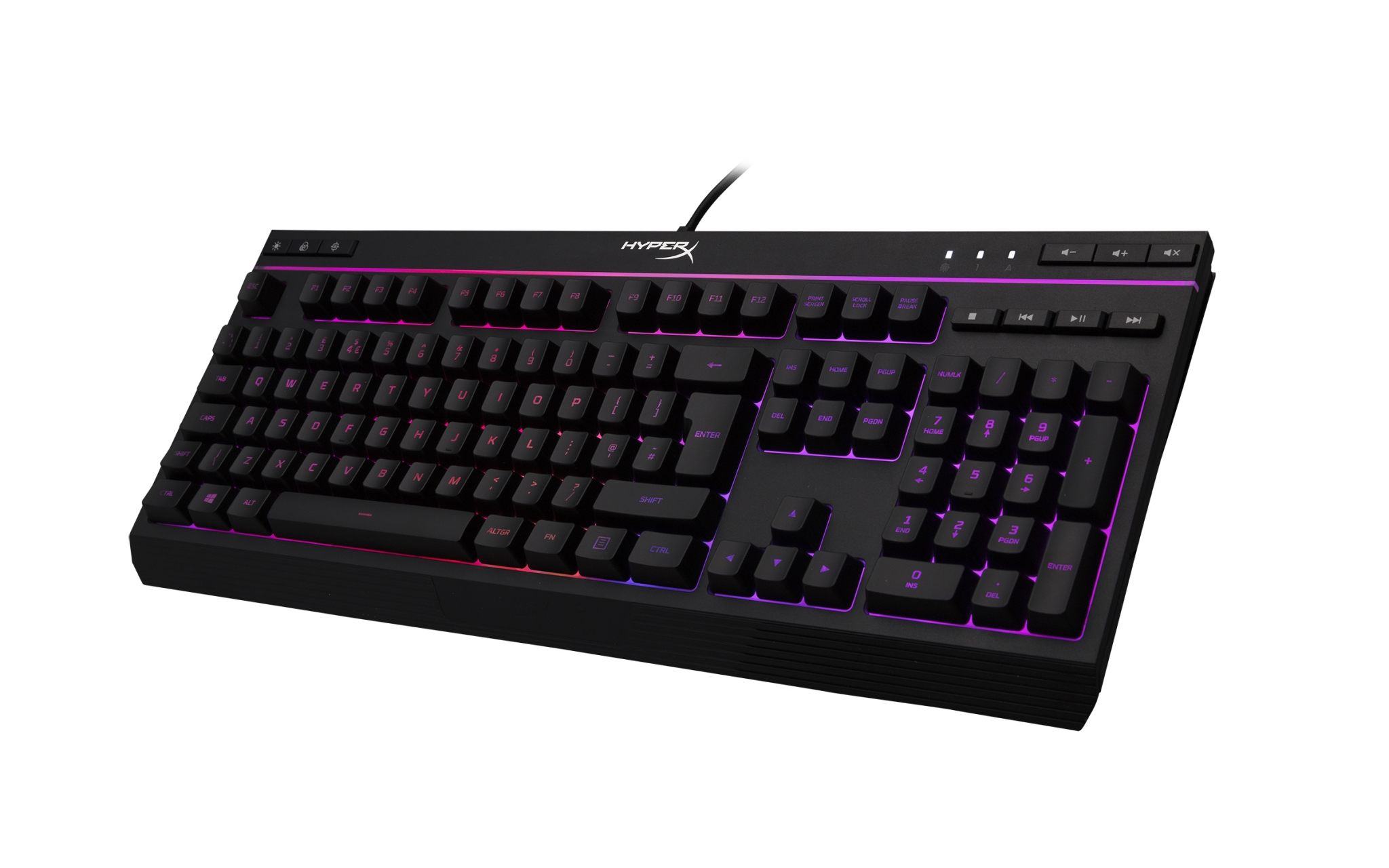 Tastiera da gioco nera con illuminazione RGB. Tasti illuminati di rosa e viola.