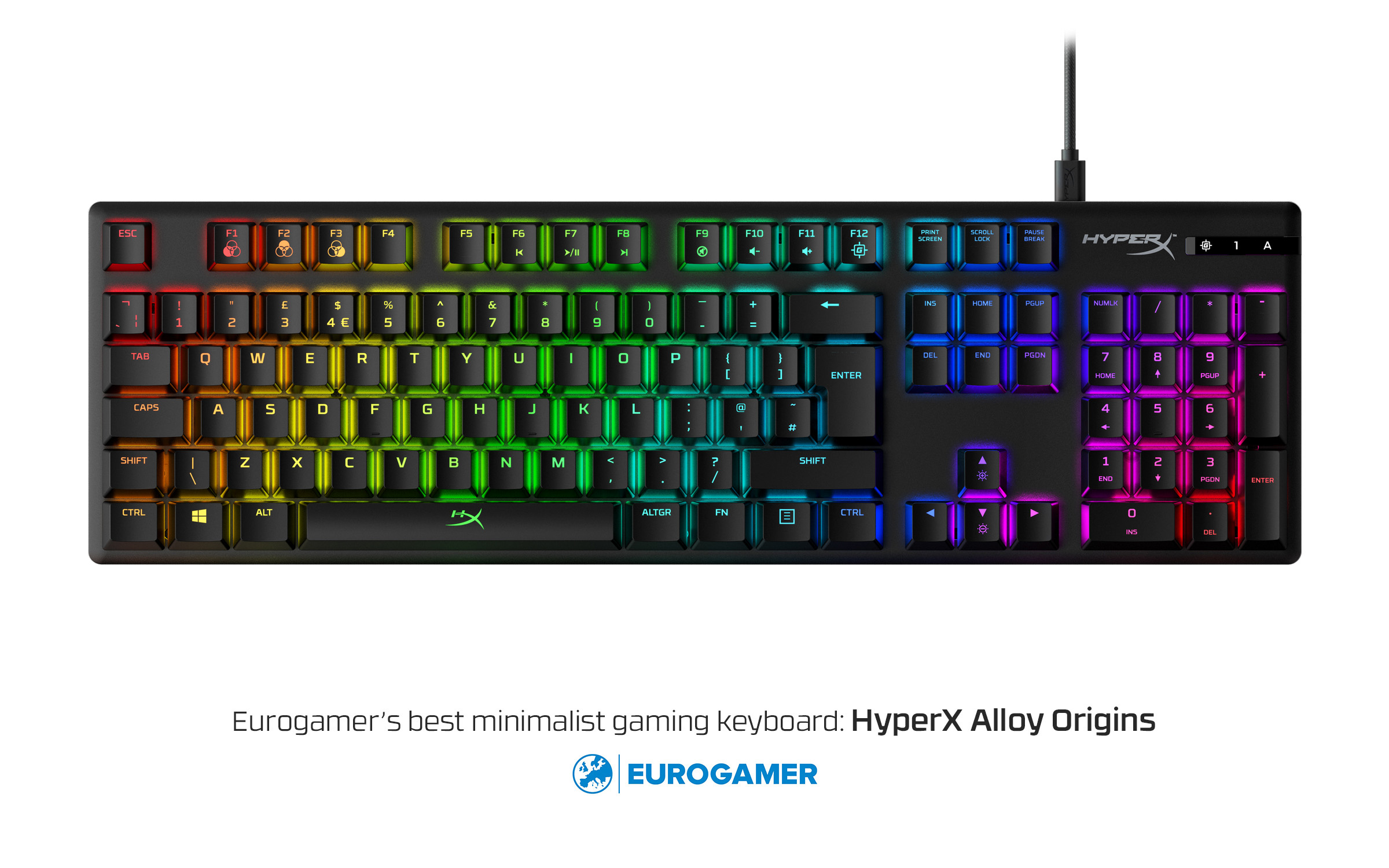 Una tastiera da gioco nera con tasti retroilluminati arcobaleno e logo HyperX.