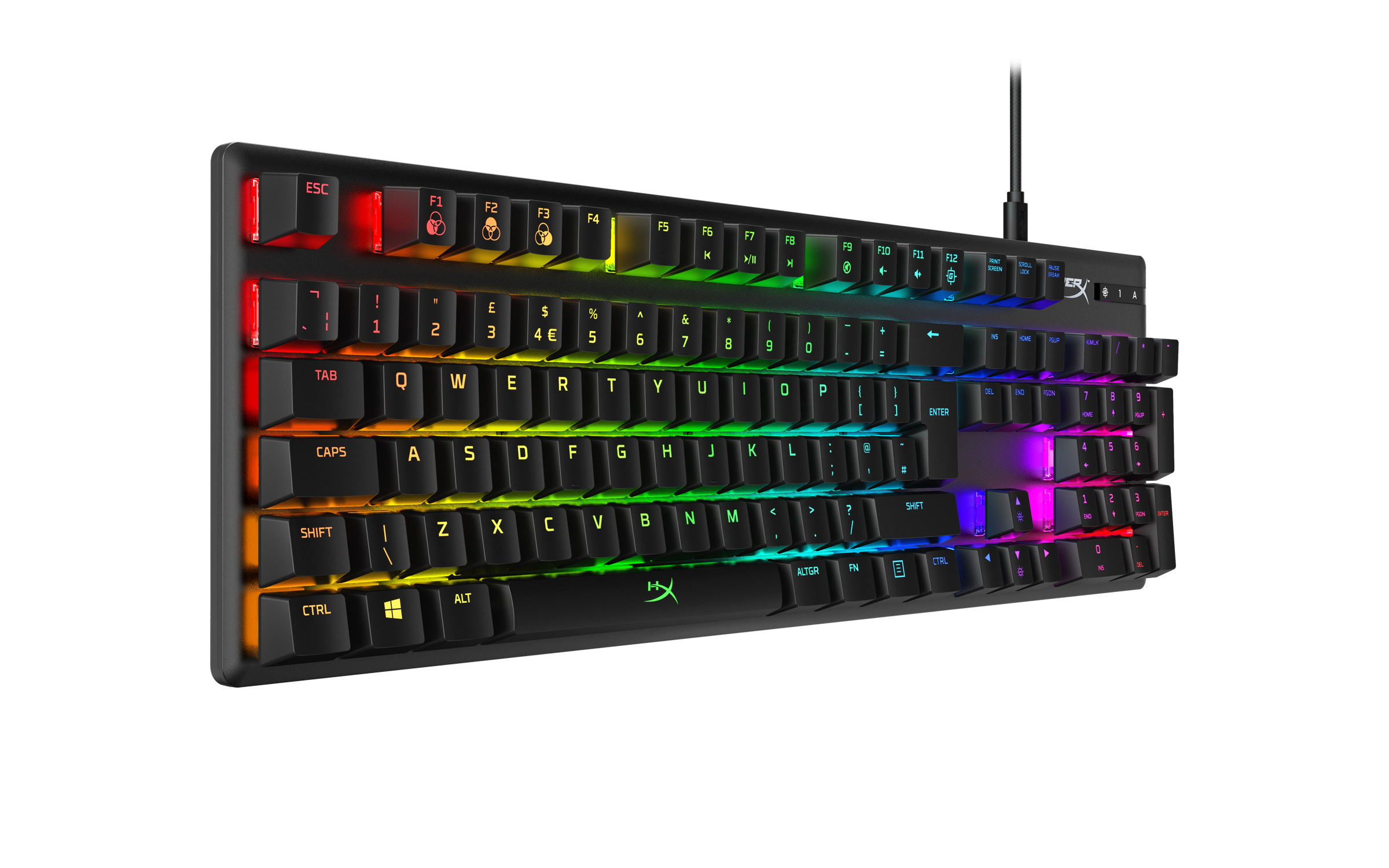 Tastiera nera con tasti arcobaleno. Logo HyperX e angolata.
