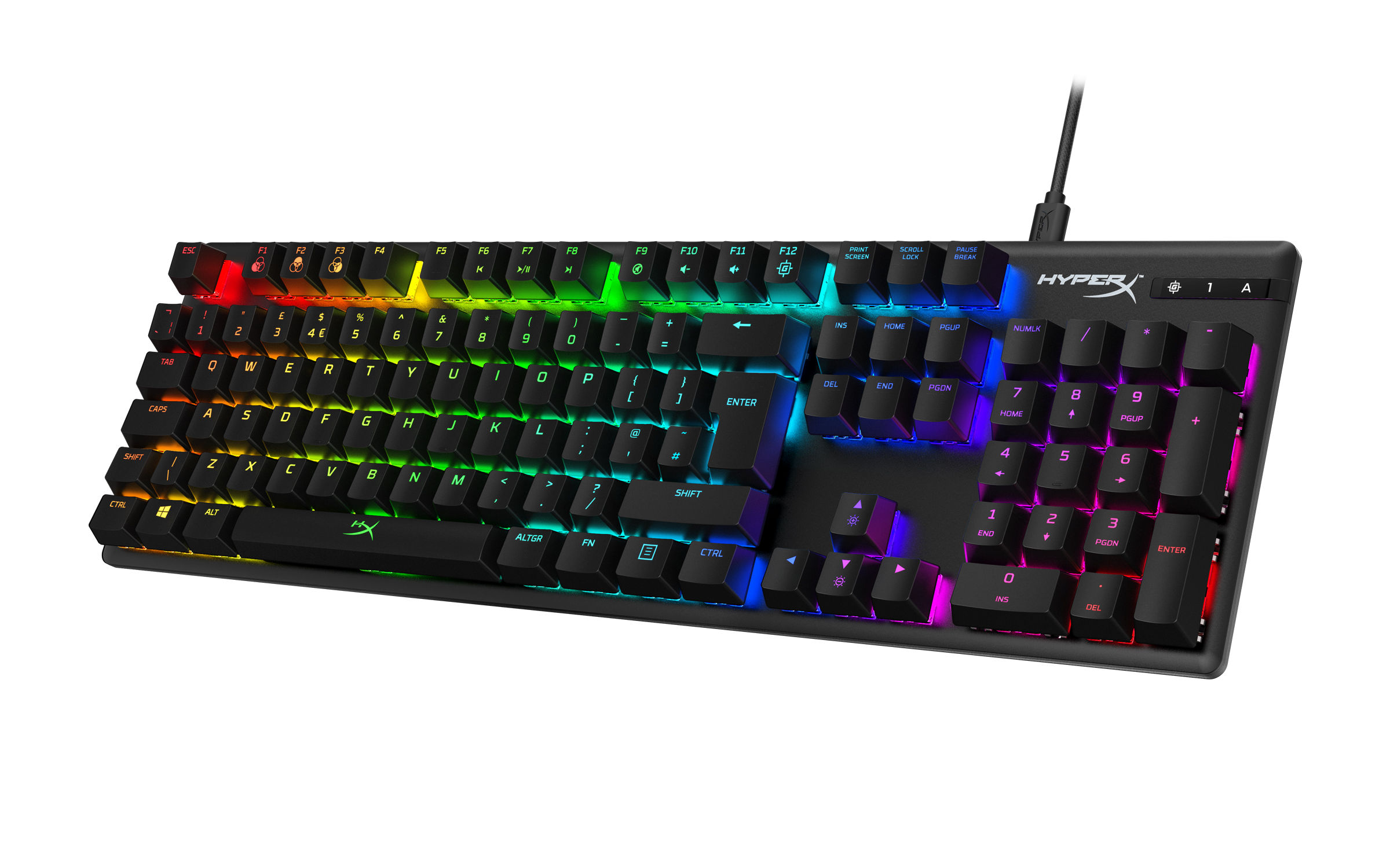 Tastiera nera con illuminazione RGB. Tasti visibili, tastiera angolata.