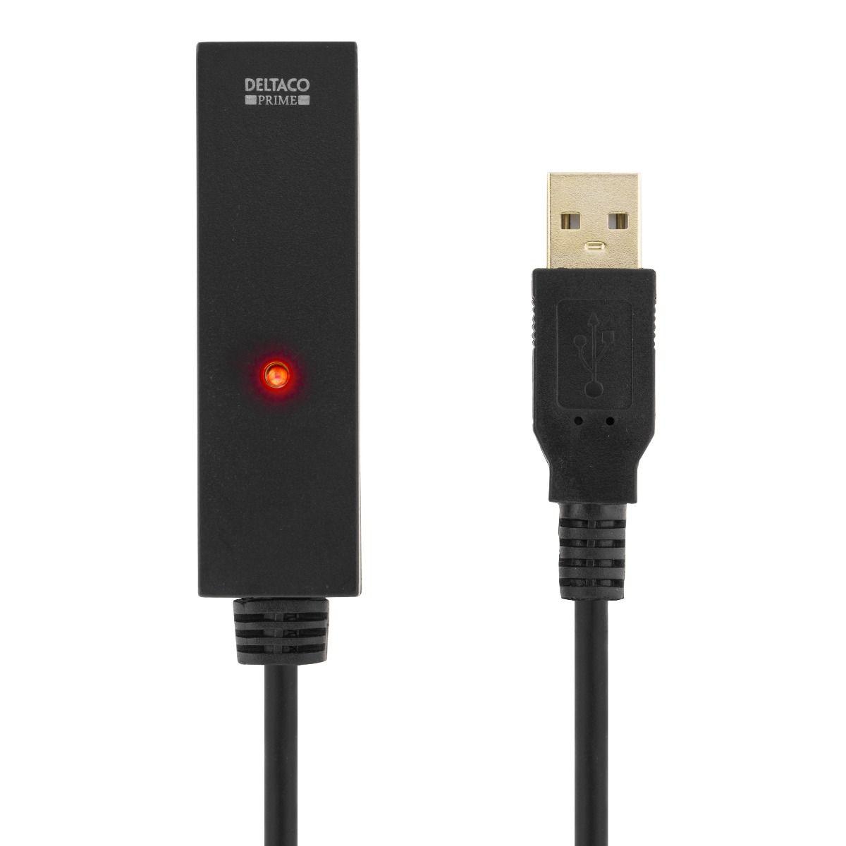 Cavo USB nero con un adattatore nero. L'adattatore ha una luce rossa.