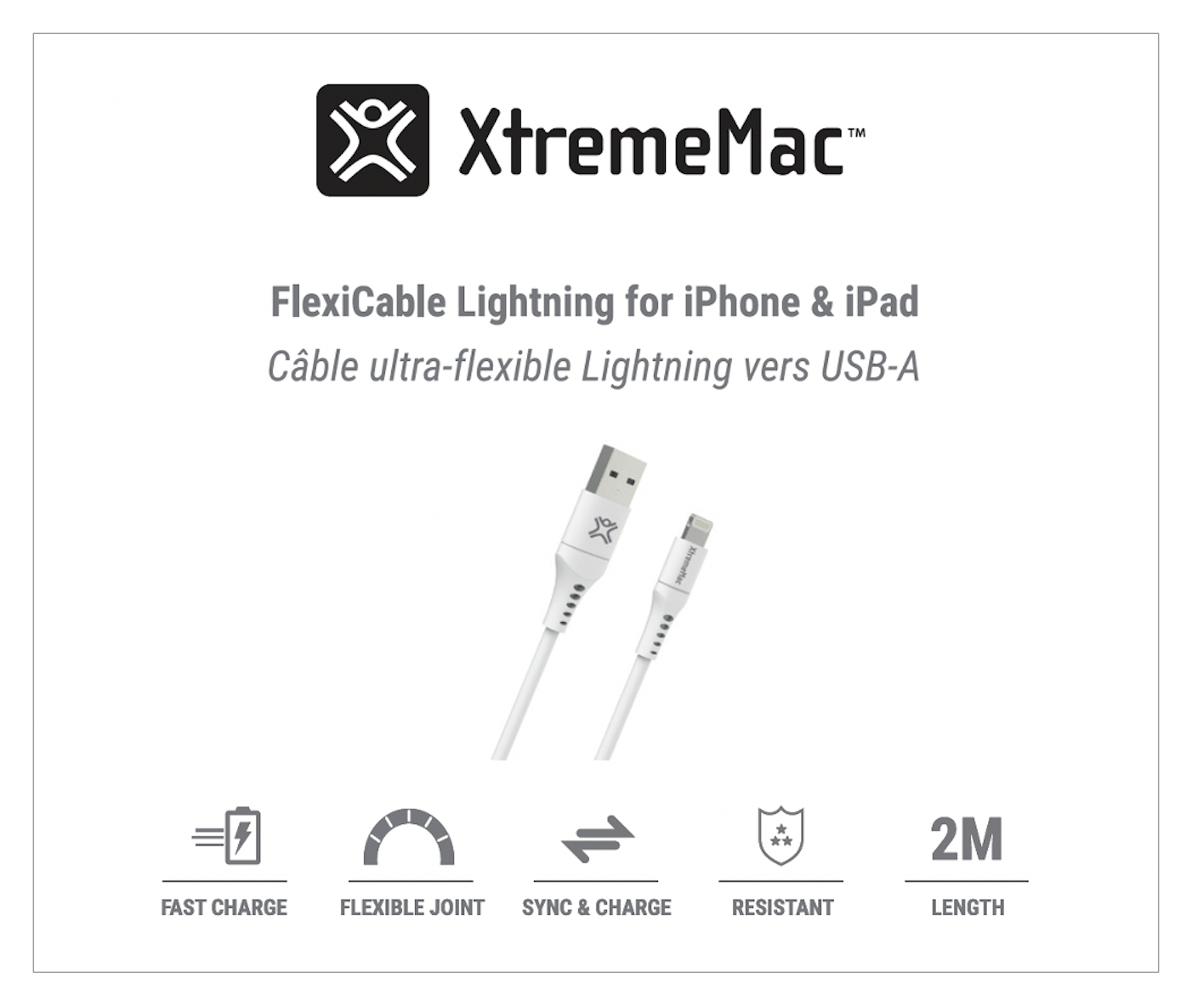 Witte FlexiCable Lightning naar USB-A kabel op witte achtergrond, XtremeMac logo.
