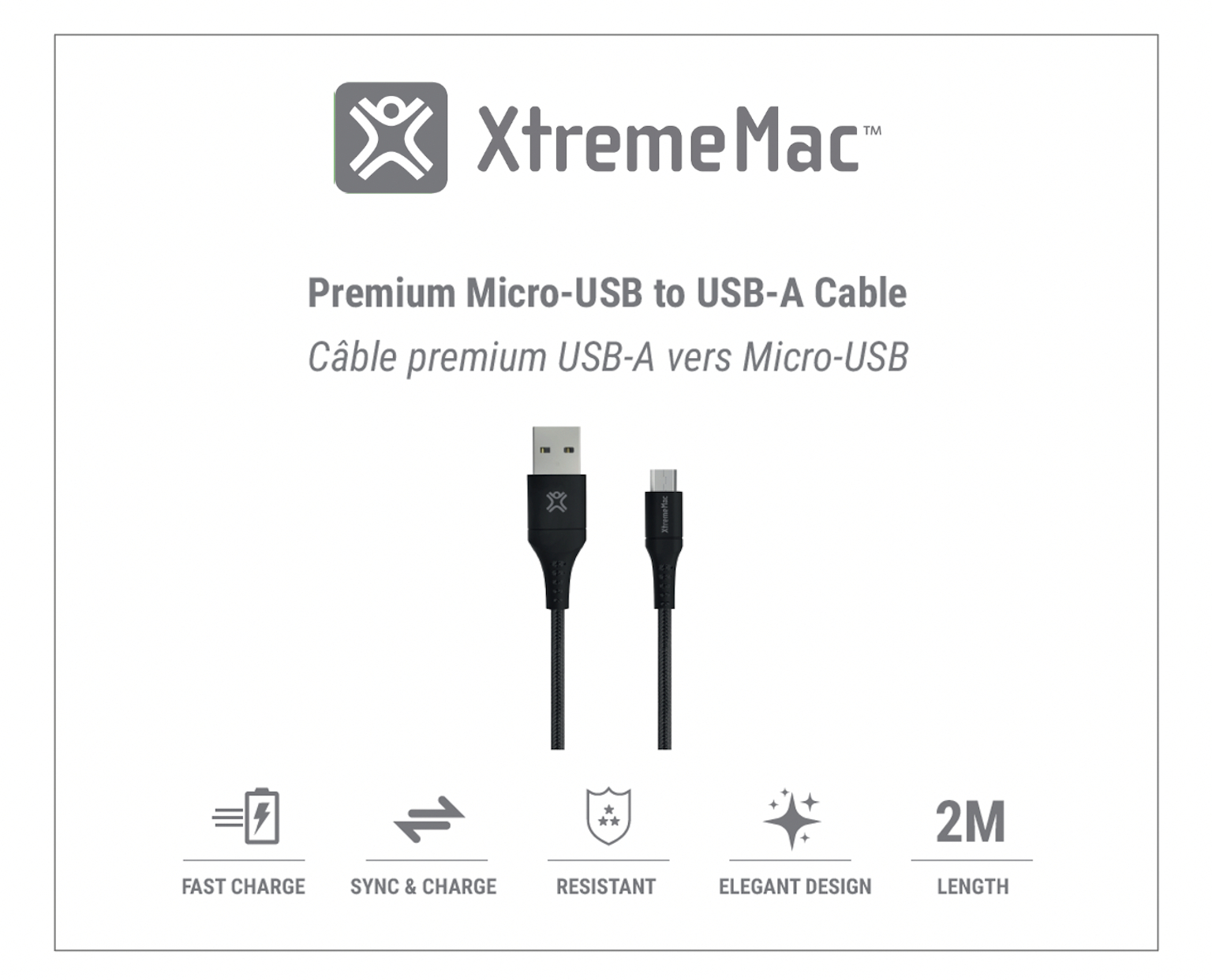 Een witte achtergrond met XtremeMac kabelinformatie en pictogrammen.
